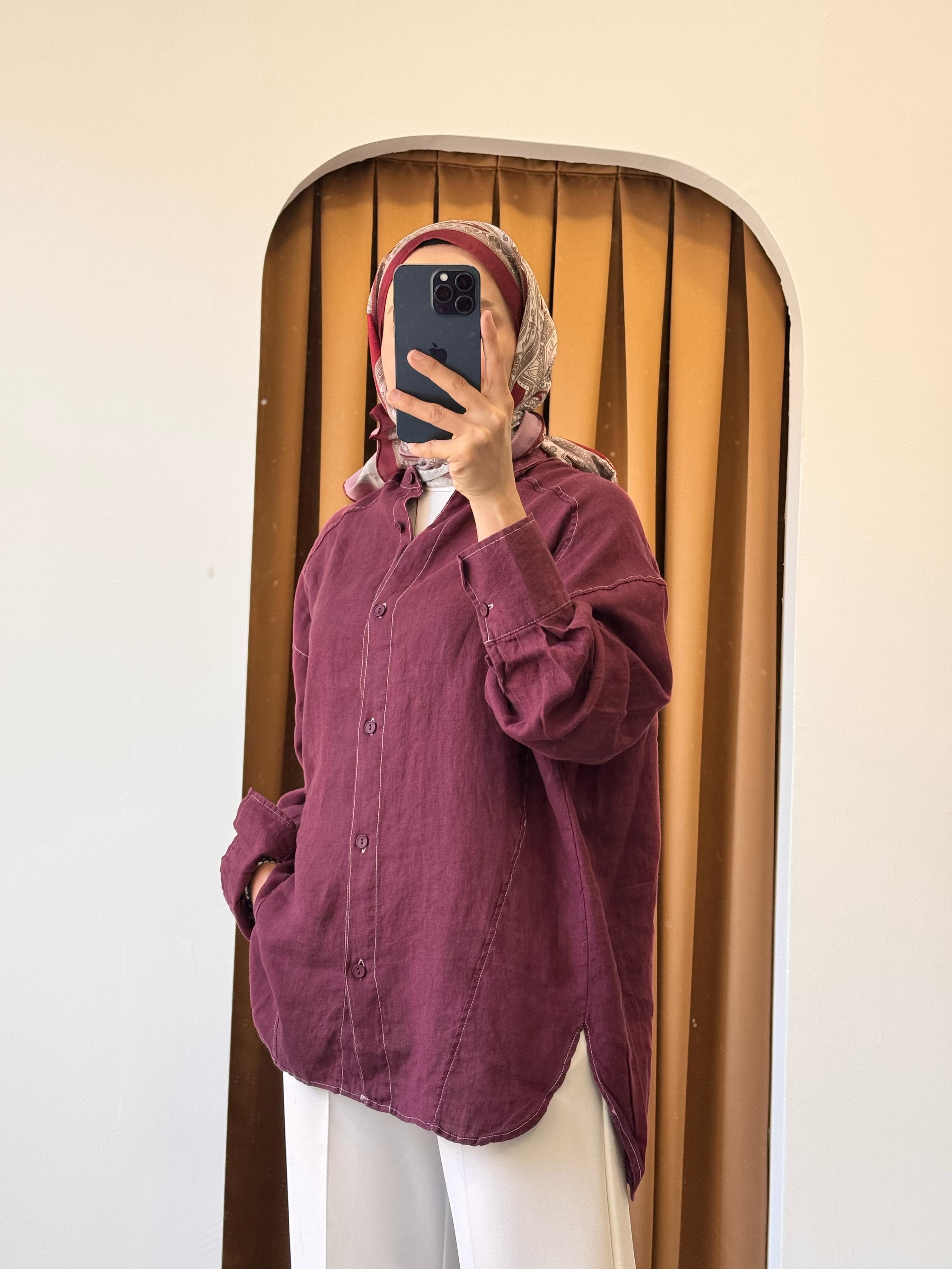 Keten Hakim Yaka Gömlek - Bordo
