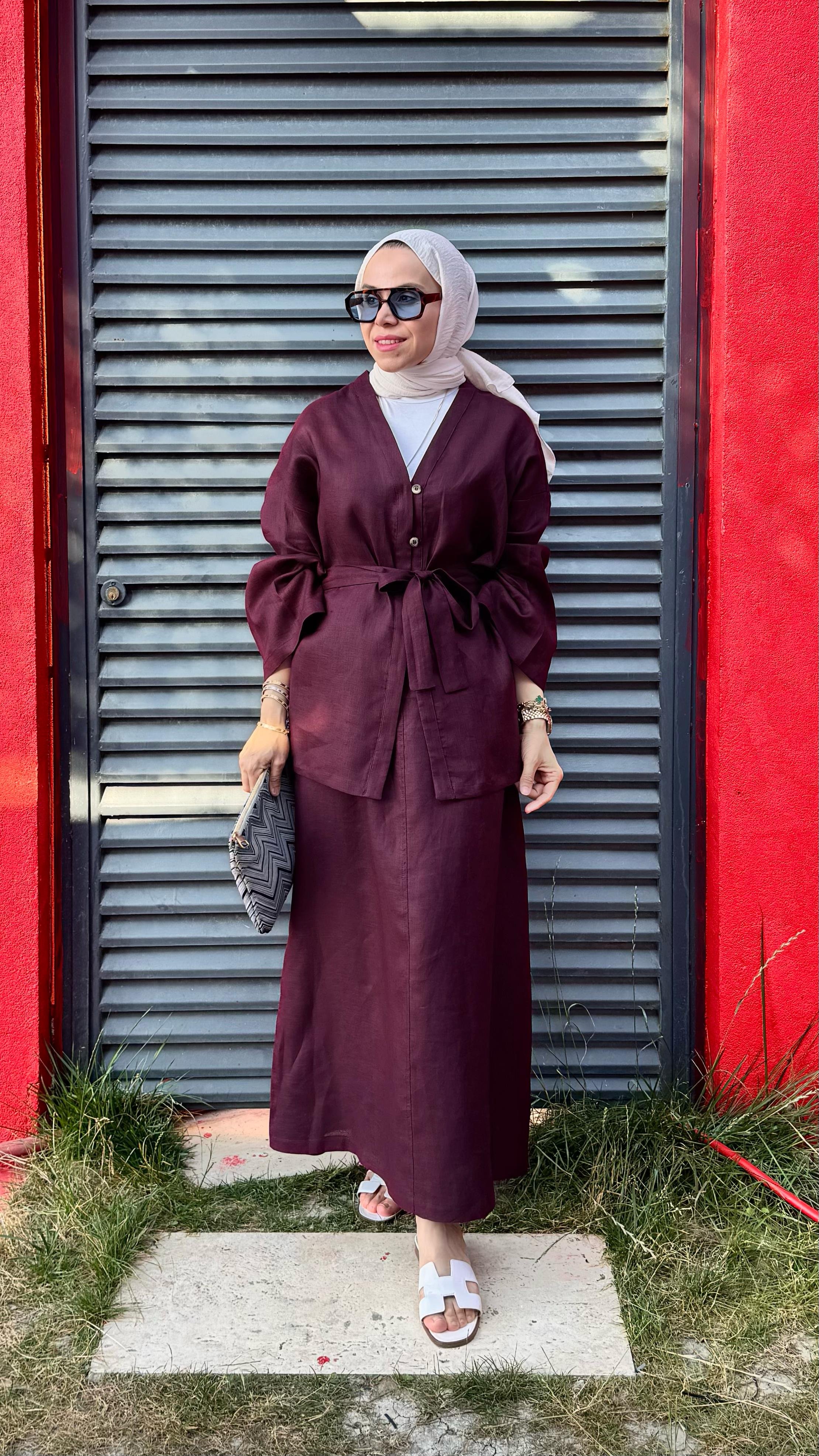 Yarım Düğmeli Keten Kimono - Bordo
