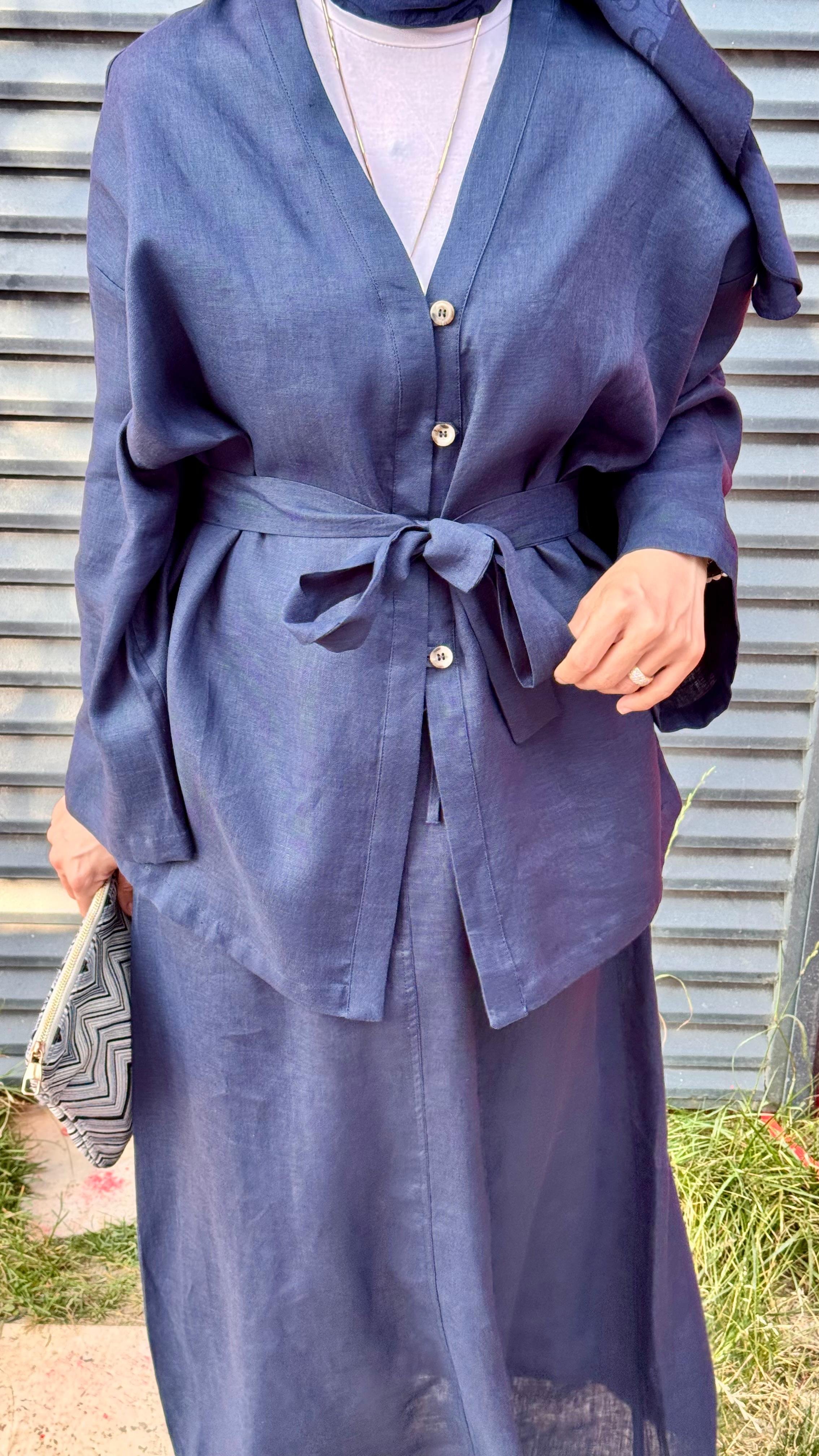 Yarım Düğmeli Keten Kimono - Lacivert