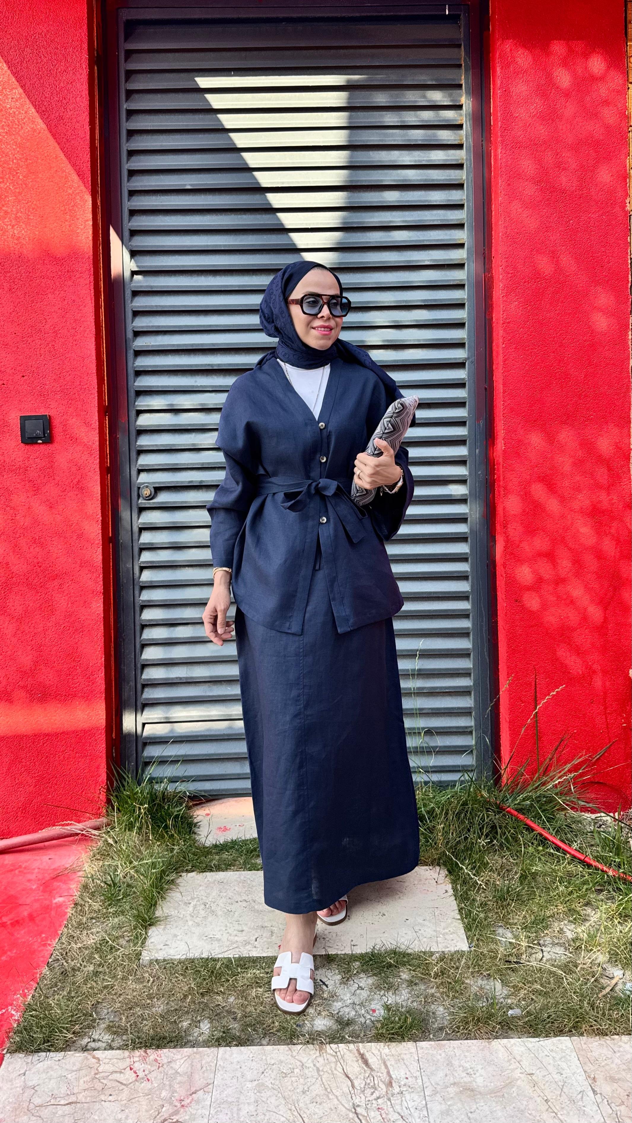 Yarım Düğmeli Keten Kimono - Lacivert