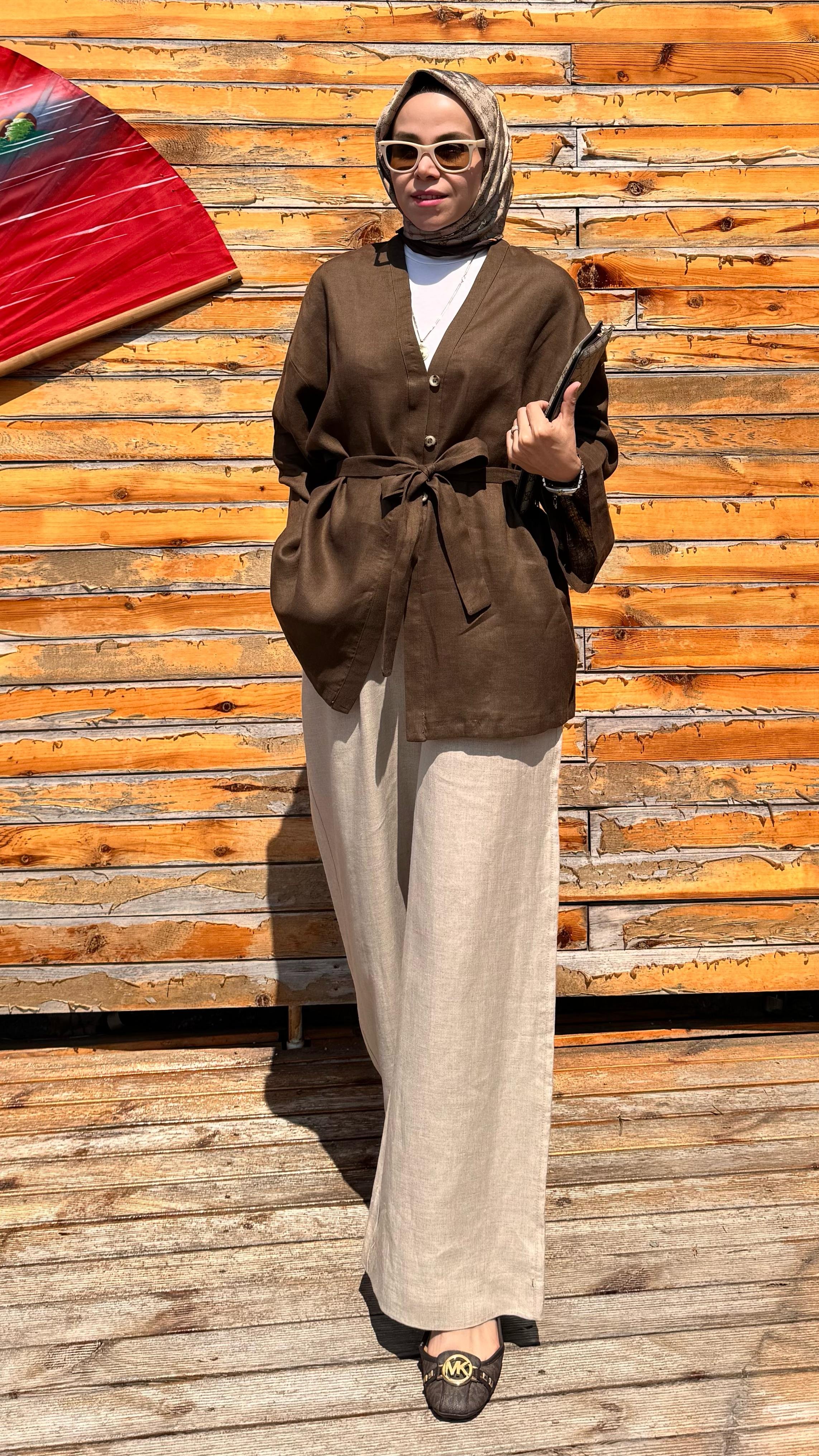 Yarım Düğmeli Keten Kimono - Kahverengi