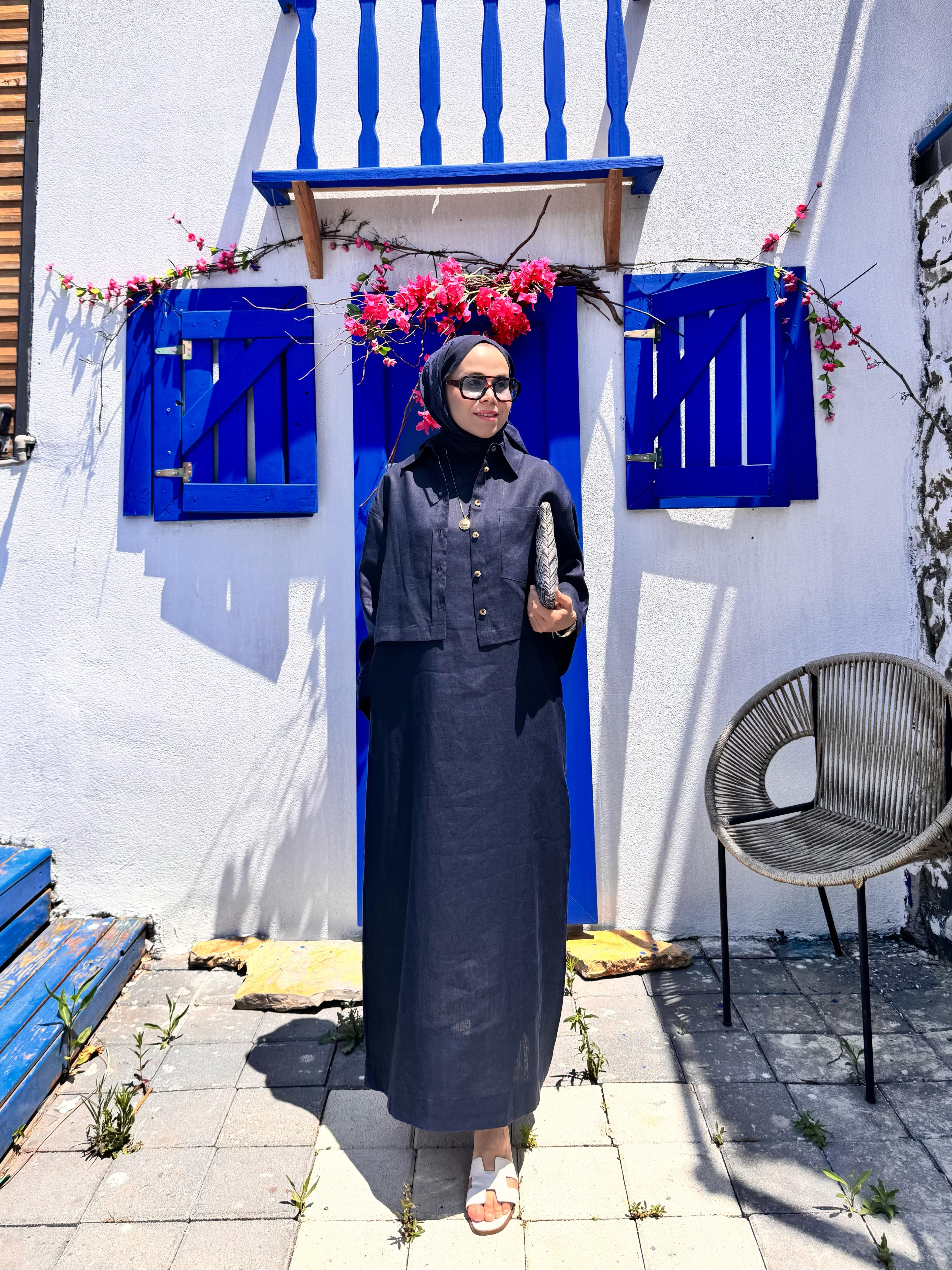 Alara kısa keten Ceket - Lacivert