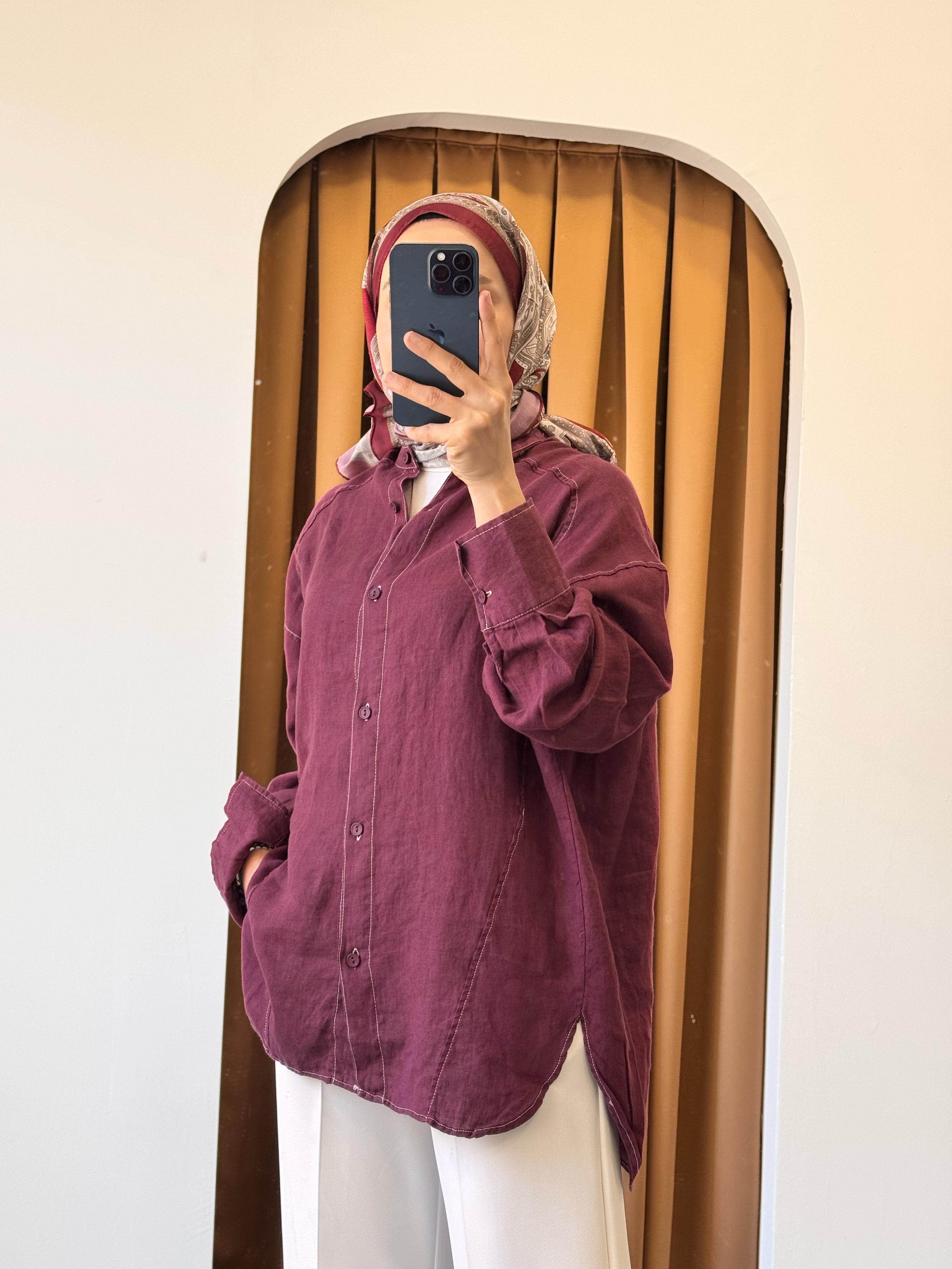 Keten Hakim Yaka Gömlek - Bordo