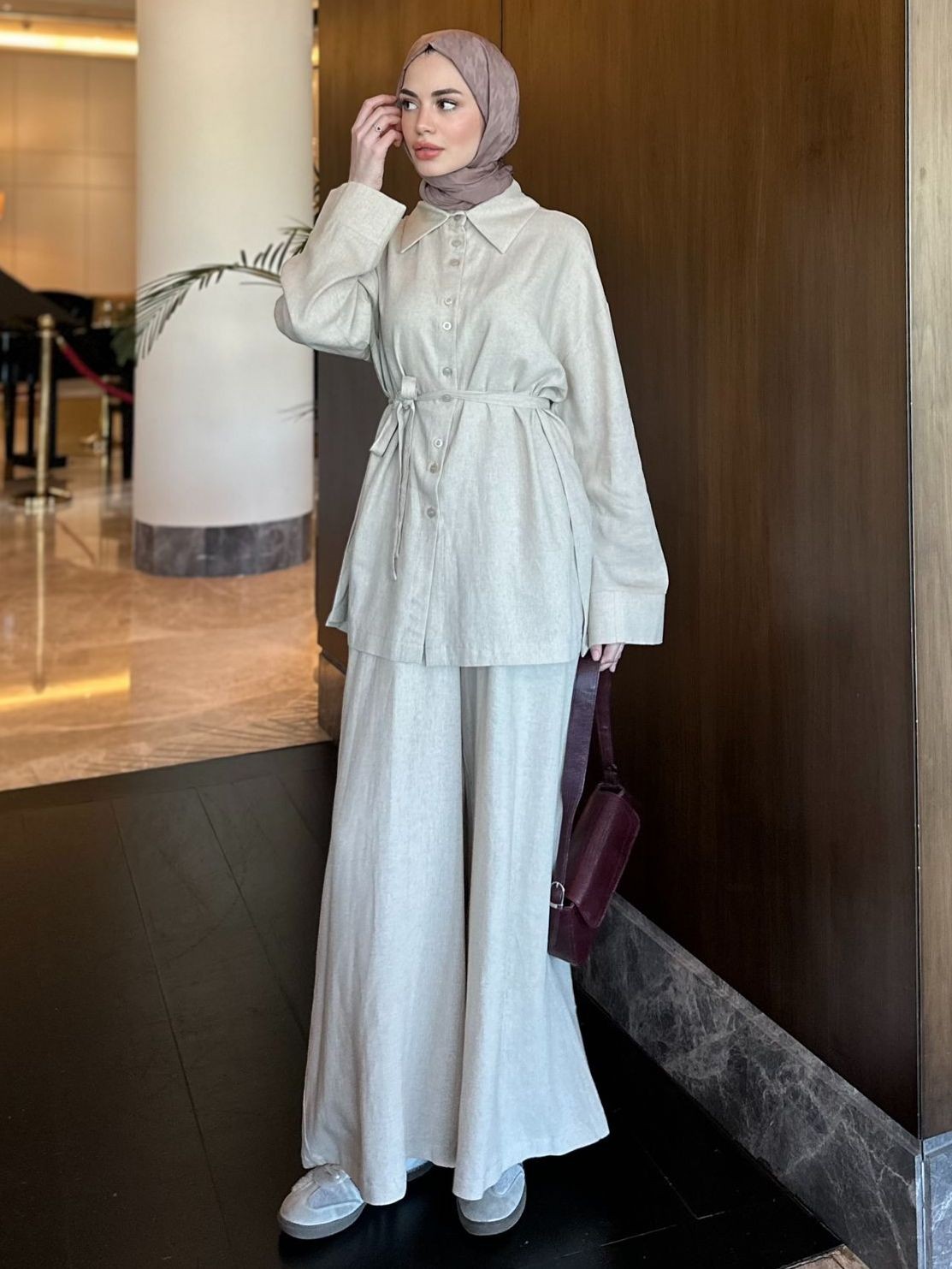 Pantalon Etekli Keten Takım - Taş.