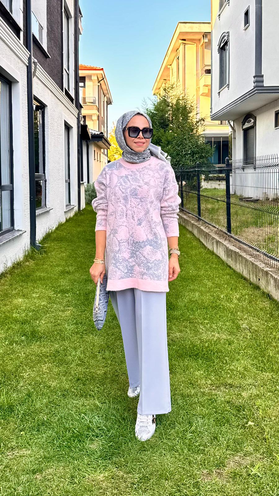 Batik Desenli Sim Geçişli Kazak - Pembe