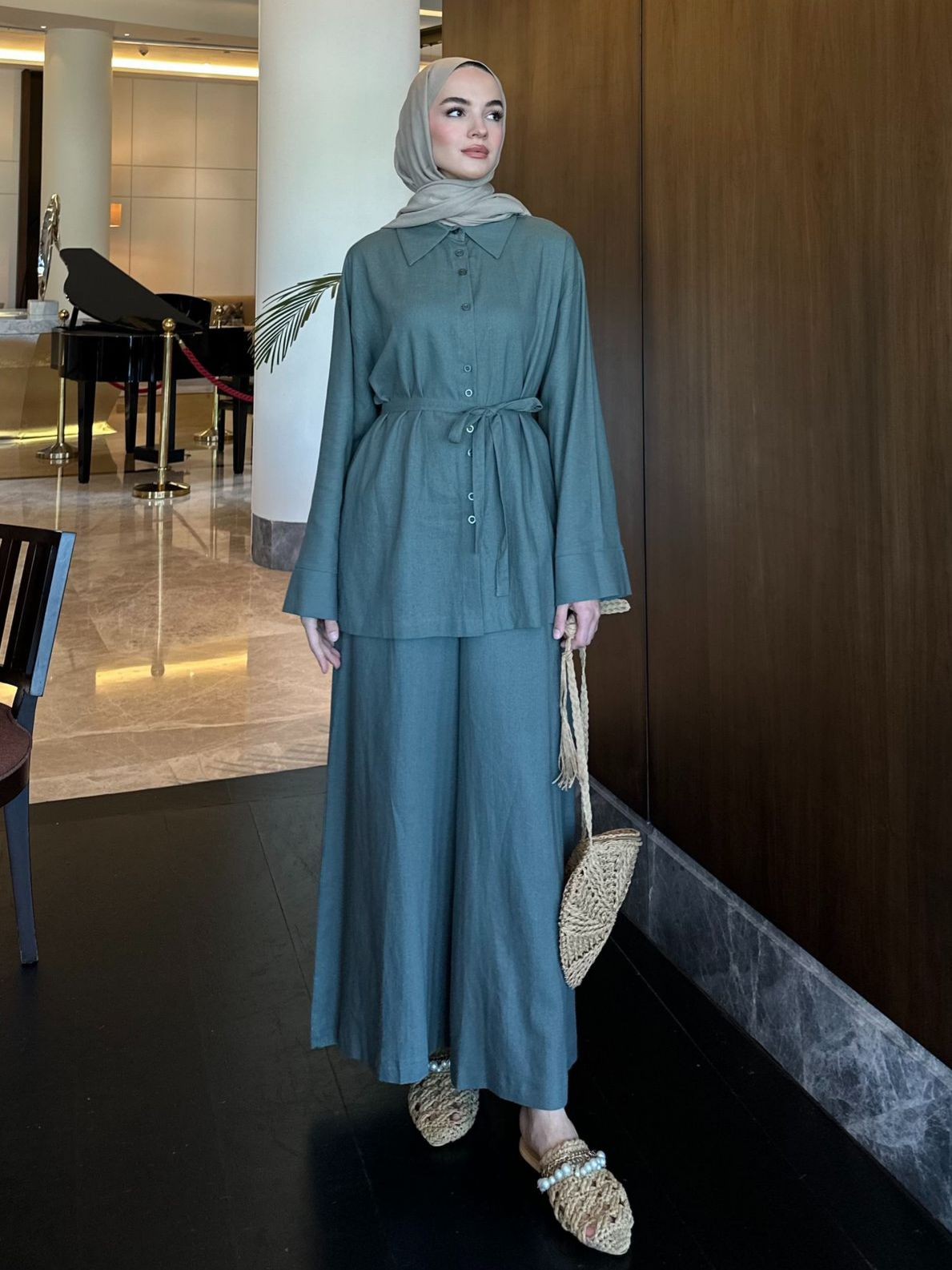 Pantalon Etekli Keten Takım - Yeşil
