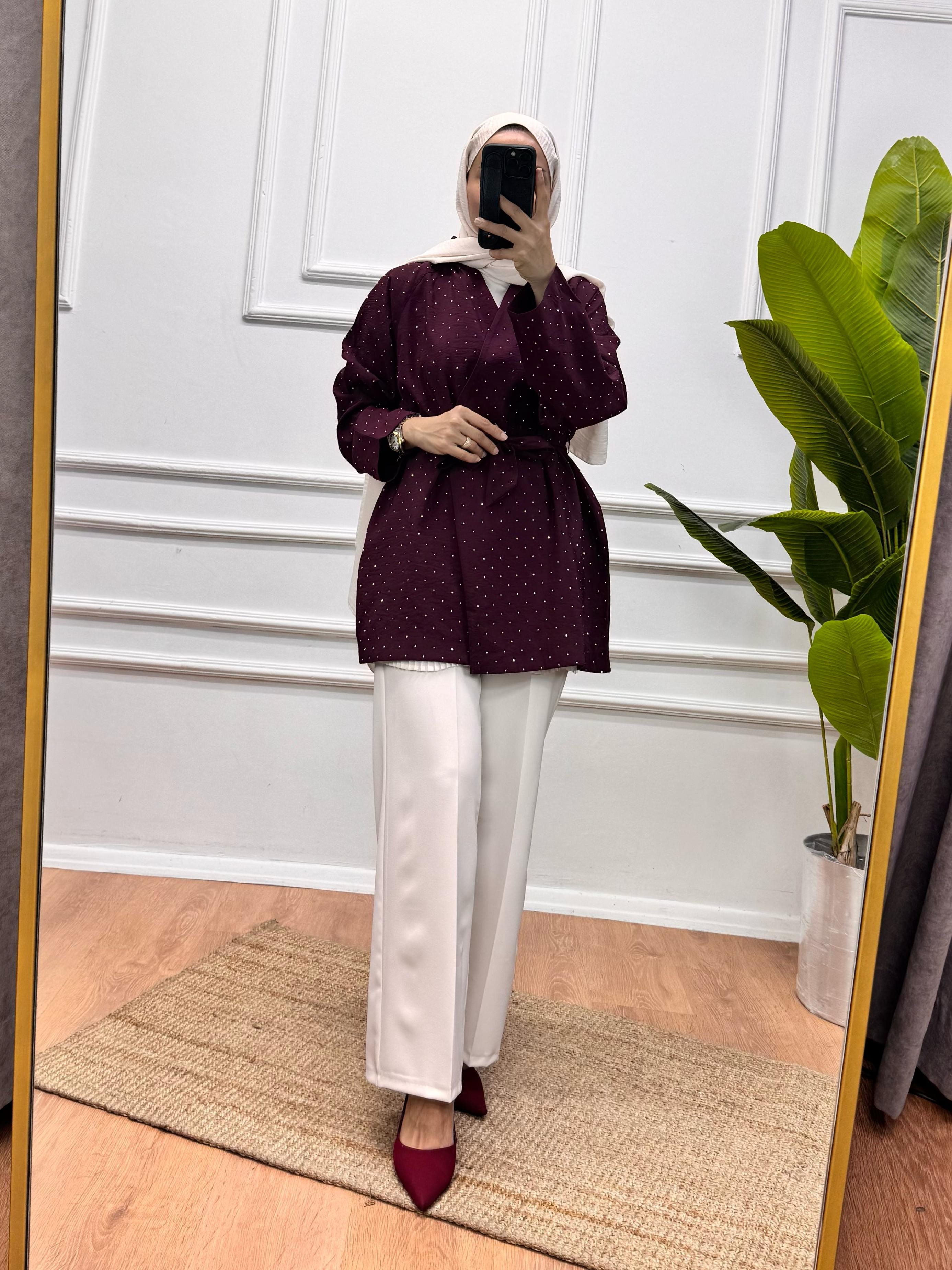 Taşlı Kimono - Bordo