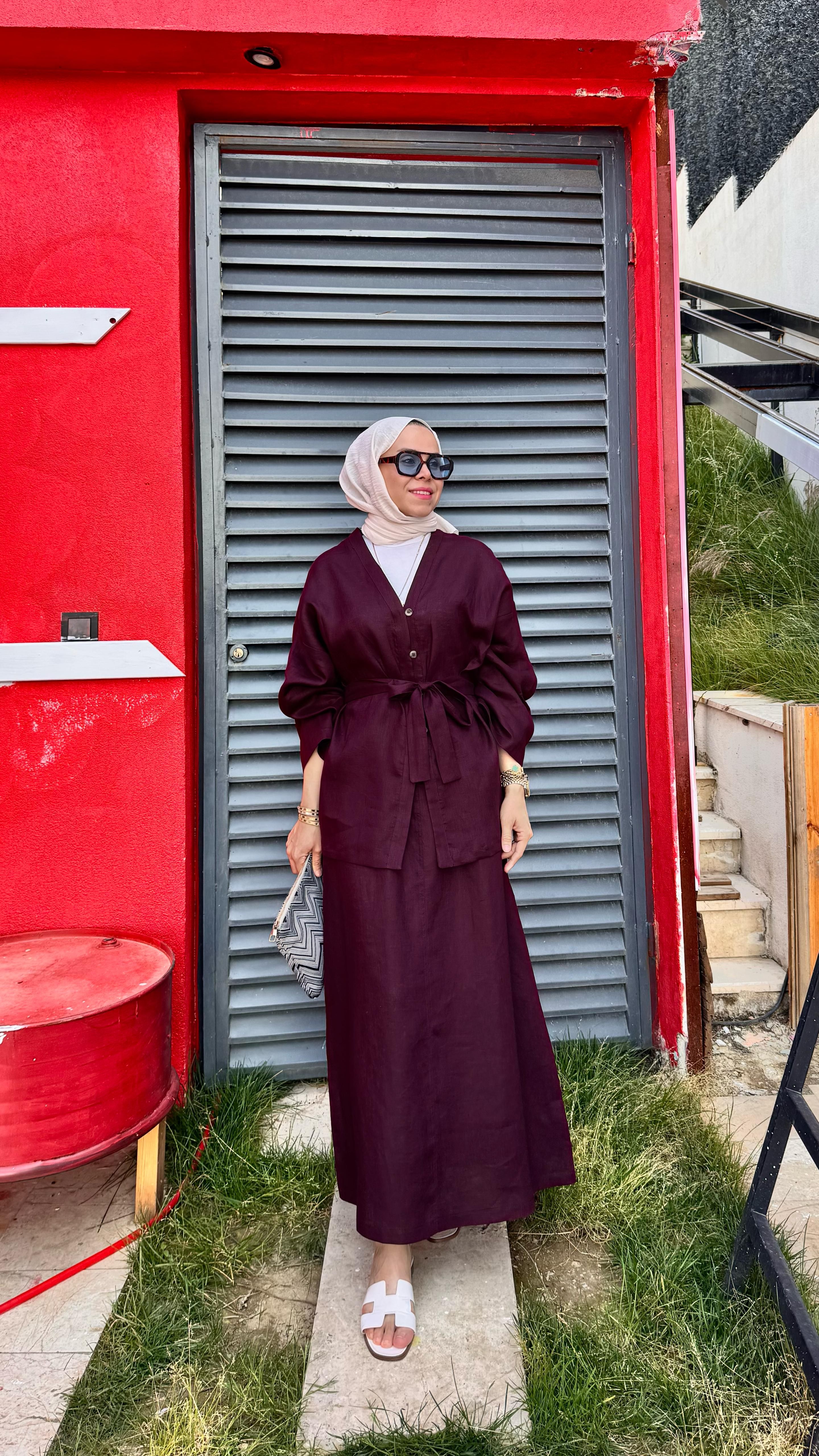 Yarım Düğmeli Keten Kimono - Bordo