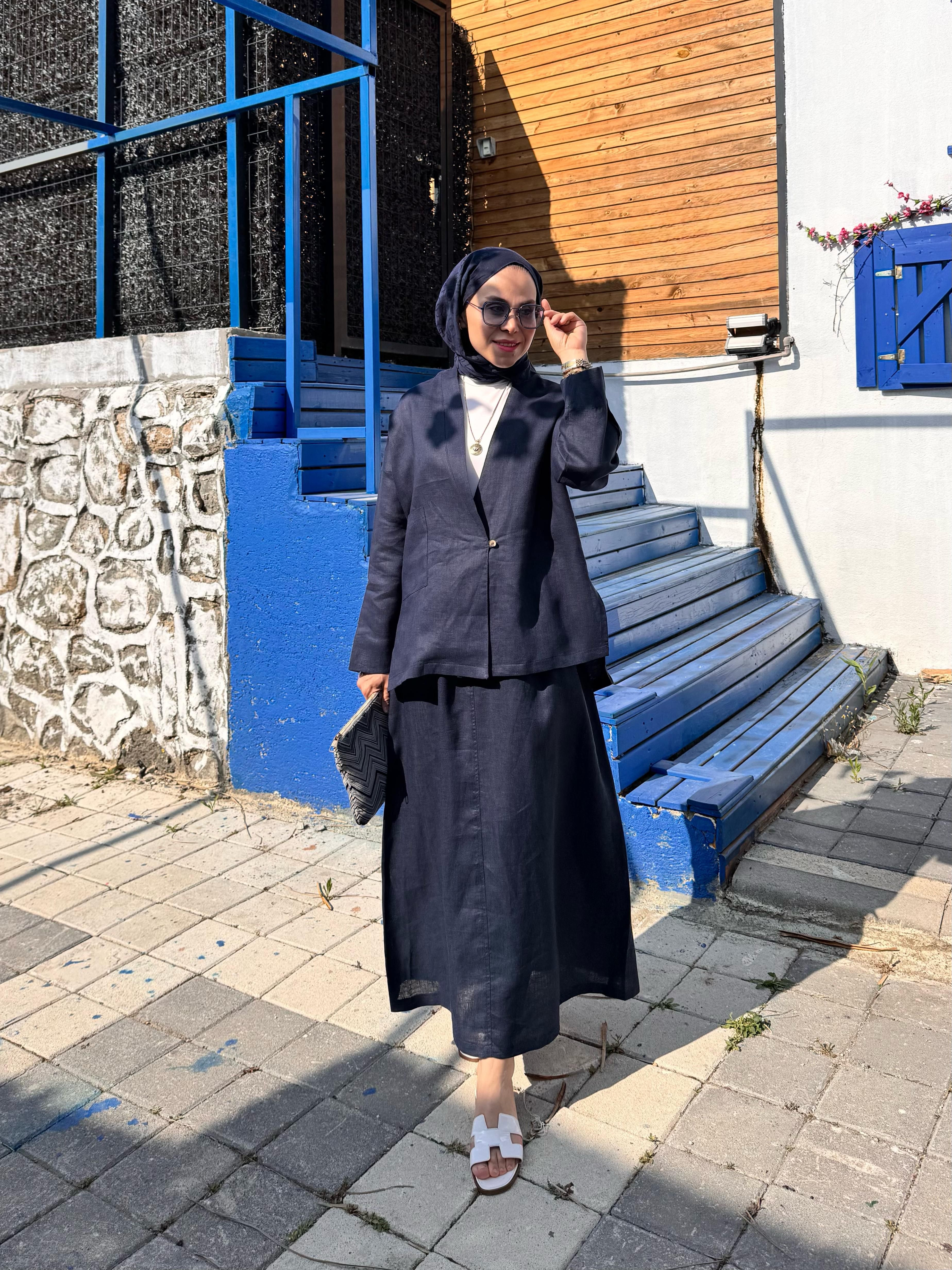 Keten tek düğmeli üst - Lacivert