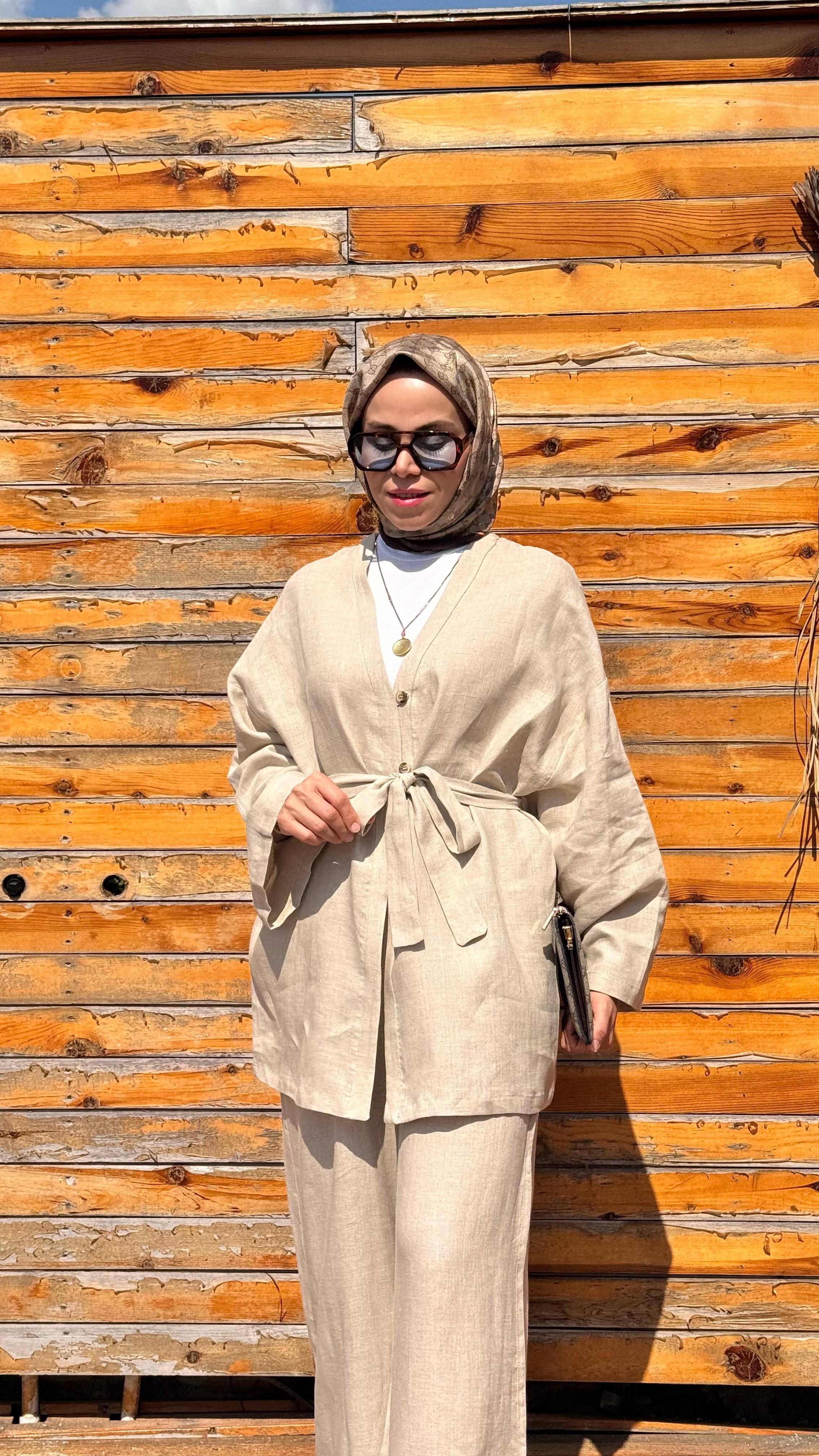Yarım Düğmeli Keten Kimono - Taş