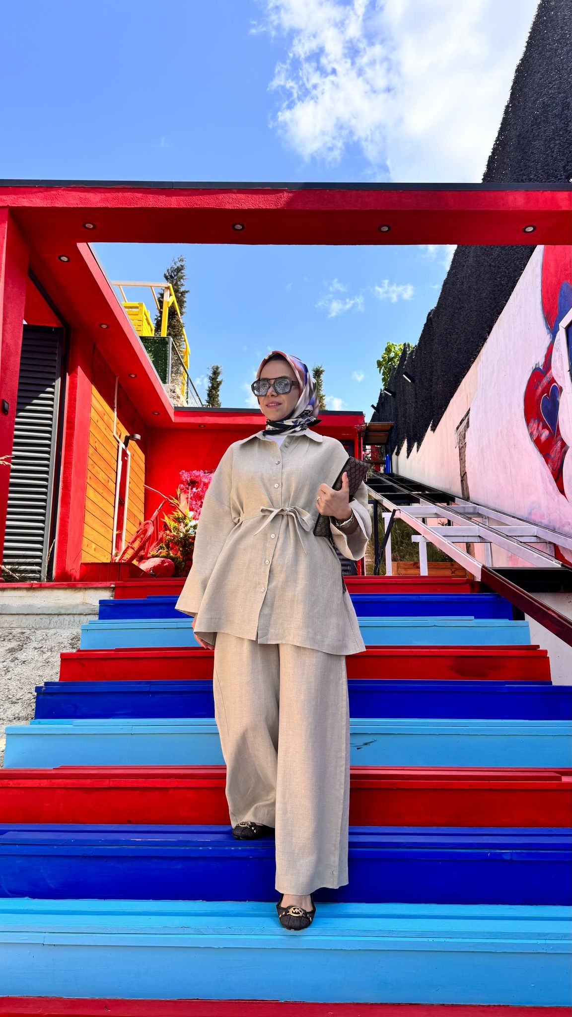 Keten Tam Düğmeli Üst - Bej