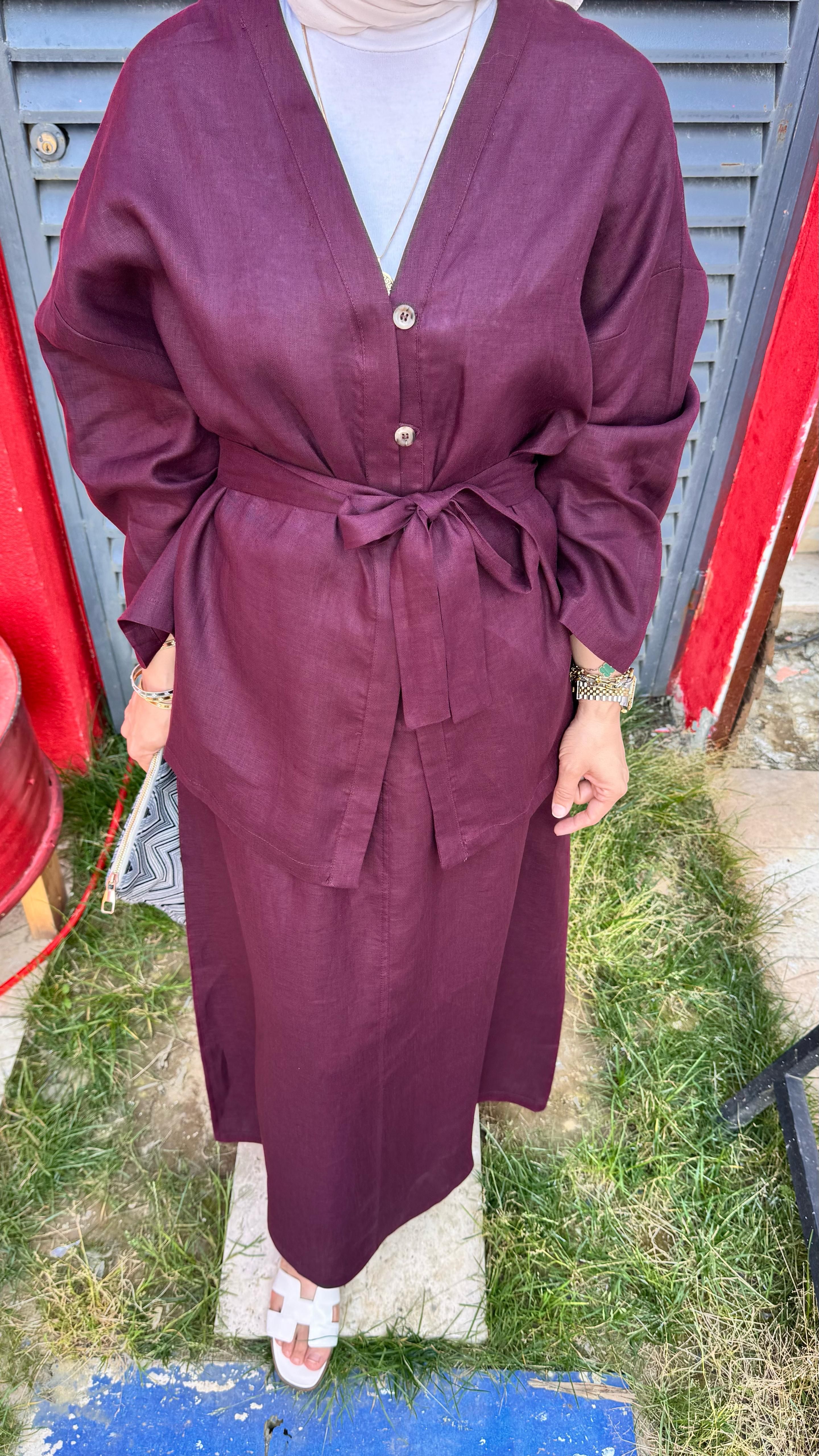 Yarım Düğmeli Keten Kimono - Bordo
