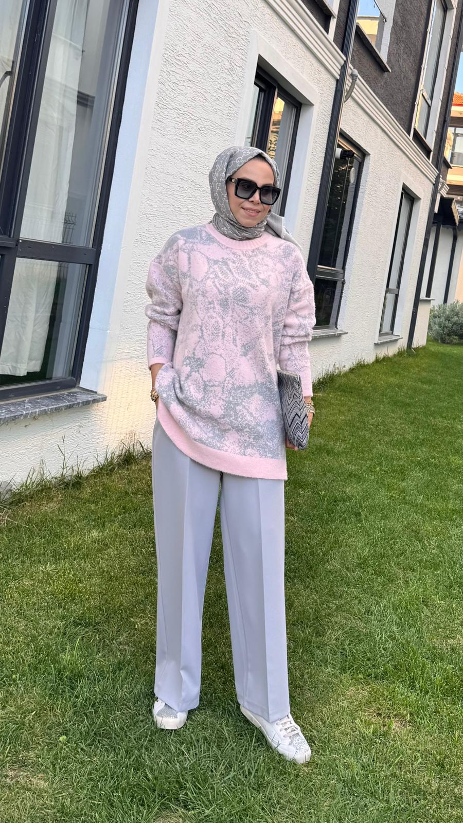 Batik Desenli Sim Geçişli Kazak - Pembe