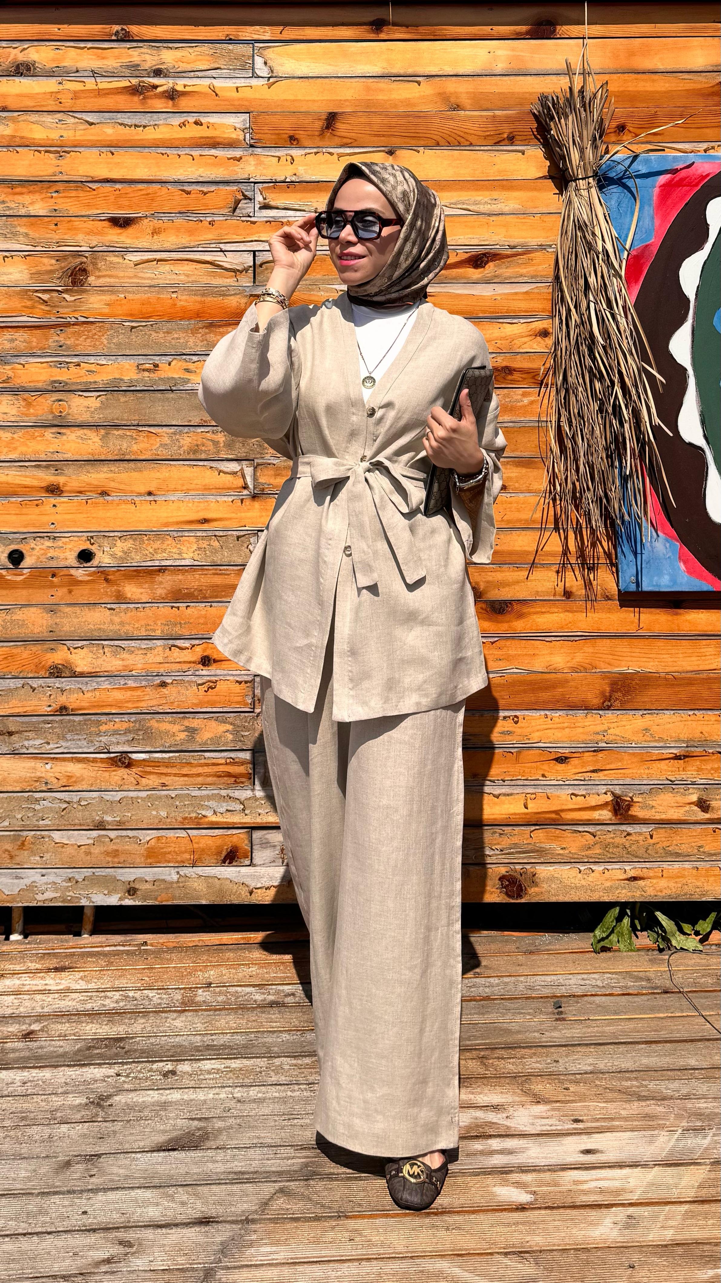Yarım Düğmeli Keten Kimono - Taş