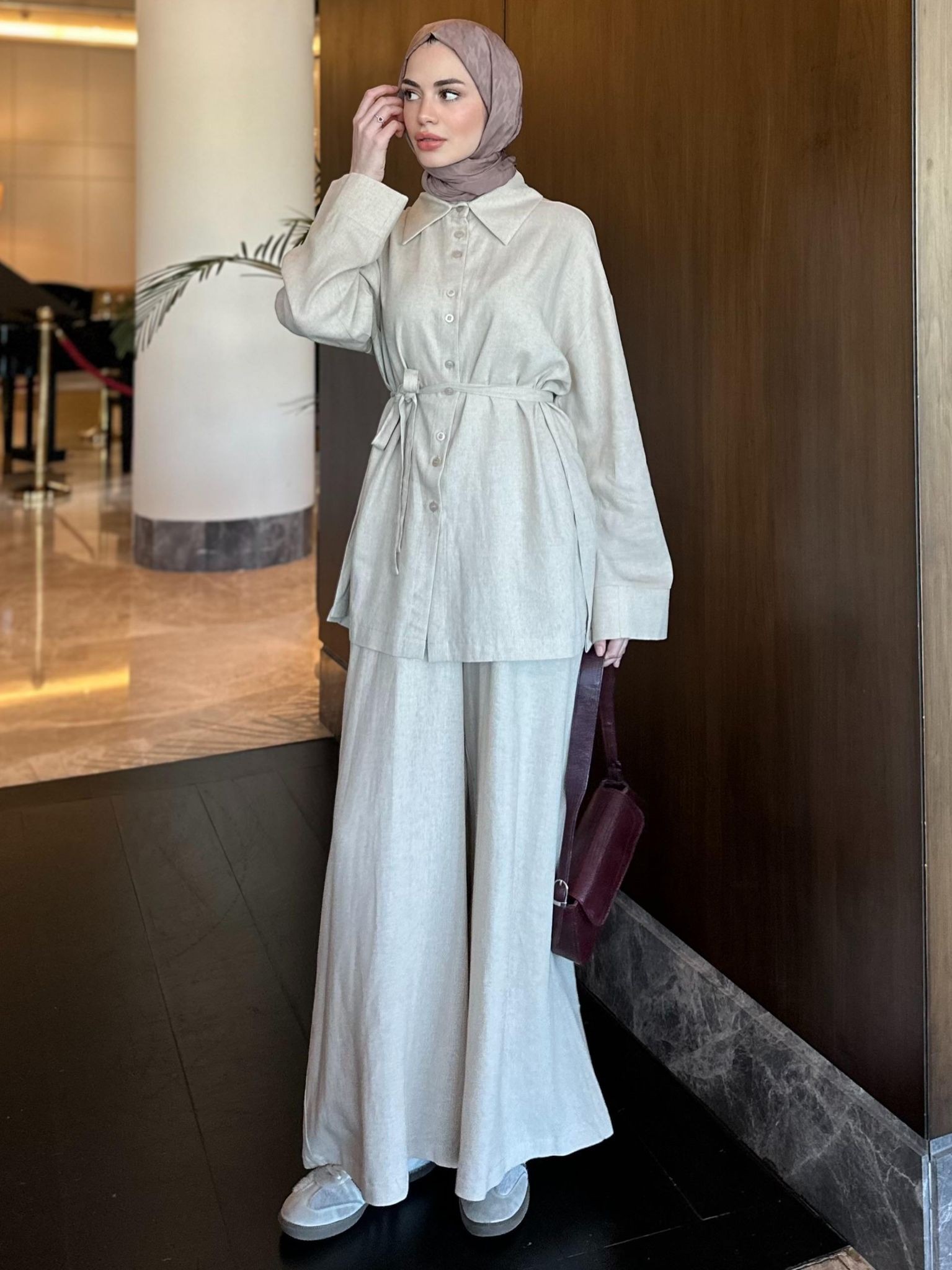 Pantalon Etekli Keten Takım - Taş.