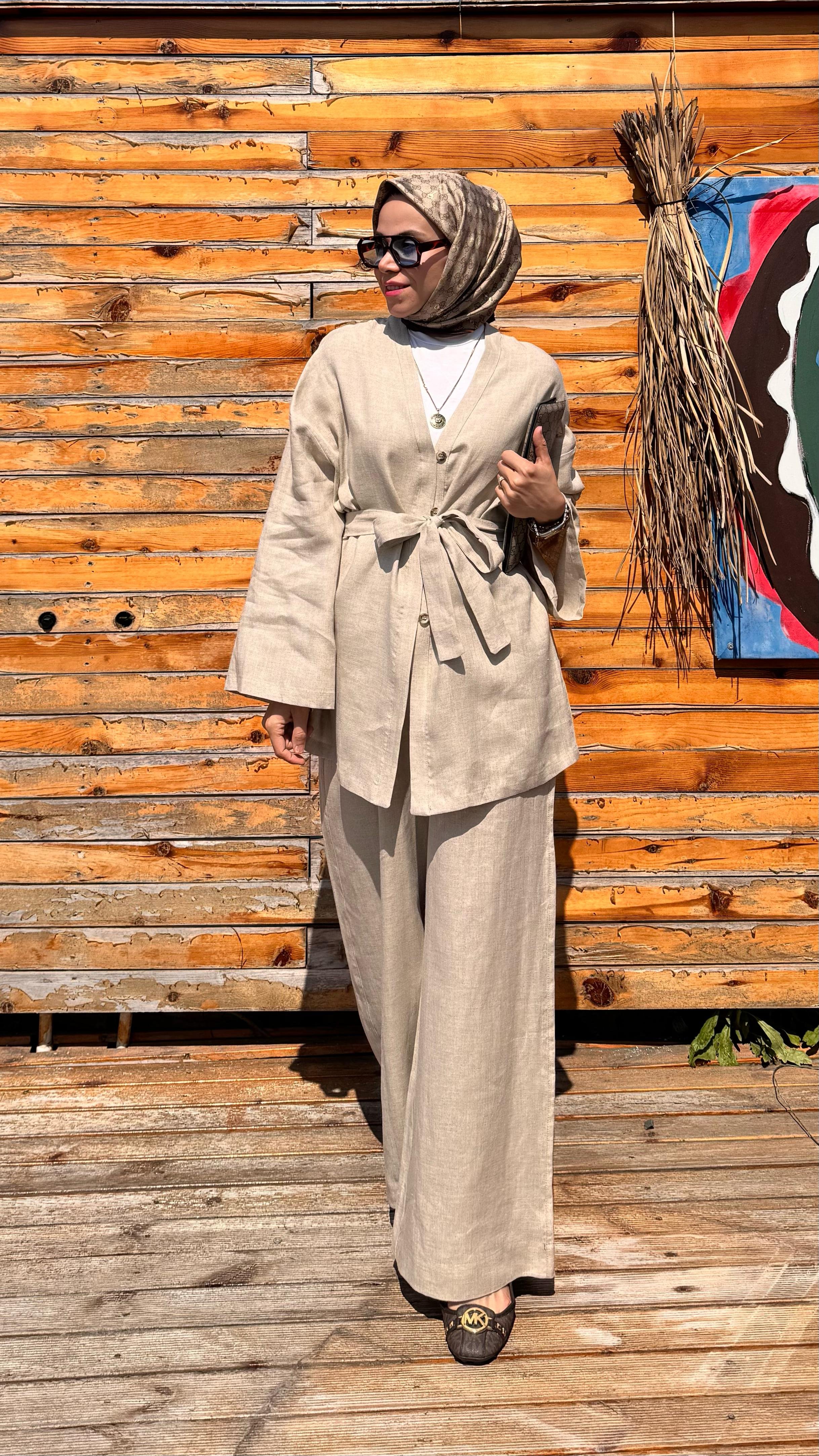 Yarım Düğmeli Keten Kimono - Taş