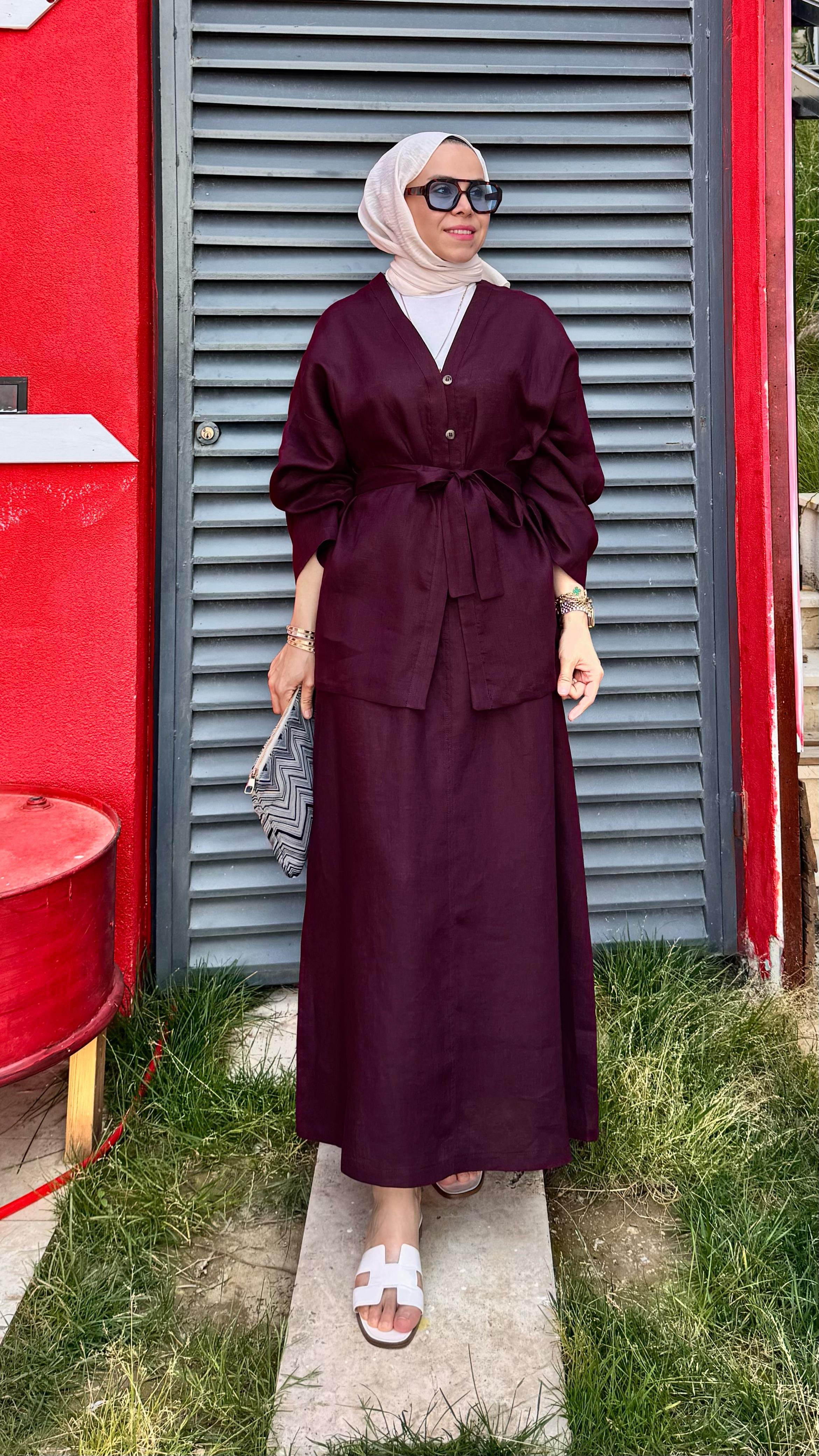 Yarım Düğmeli Keten Kimono - Bordo
