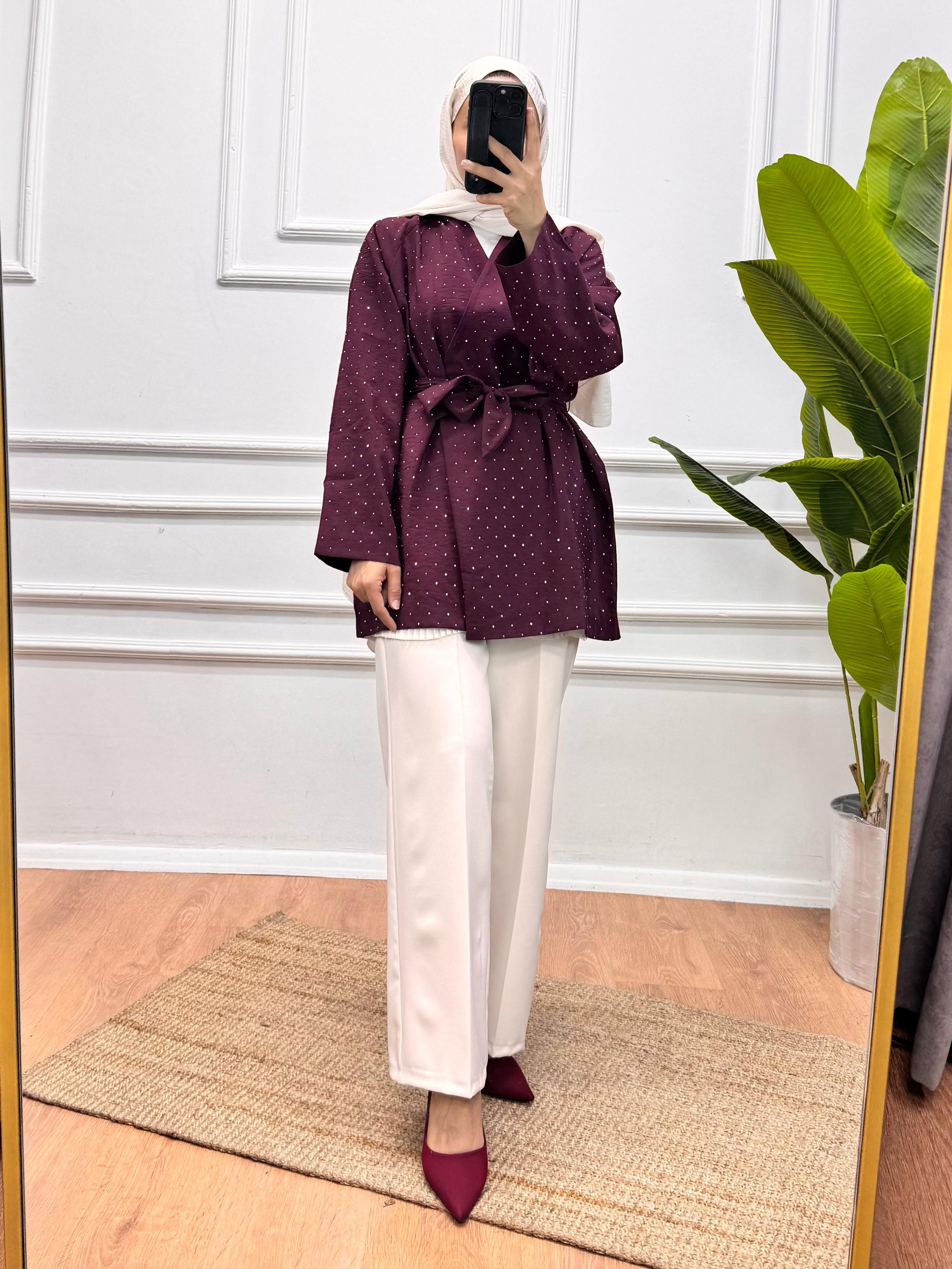 Taşlı Kimono - Bordo