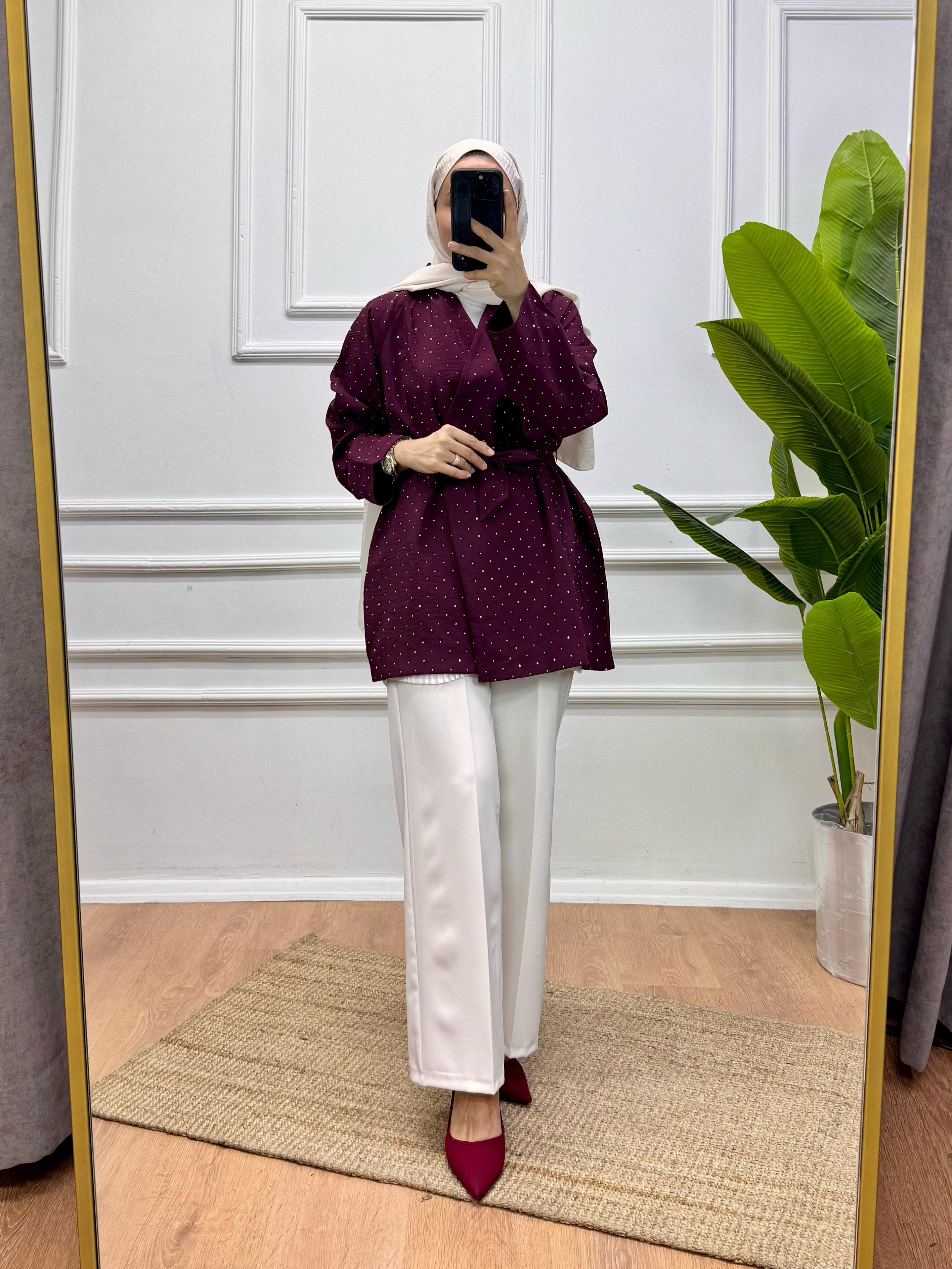 Taşlı Kimono - Bordo