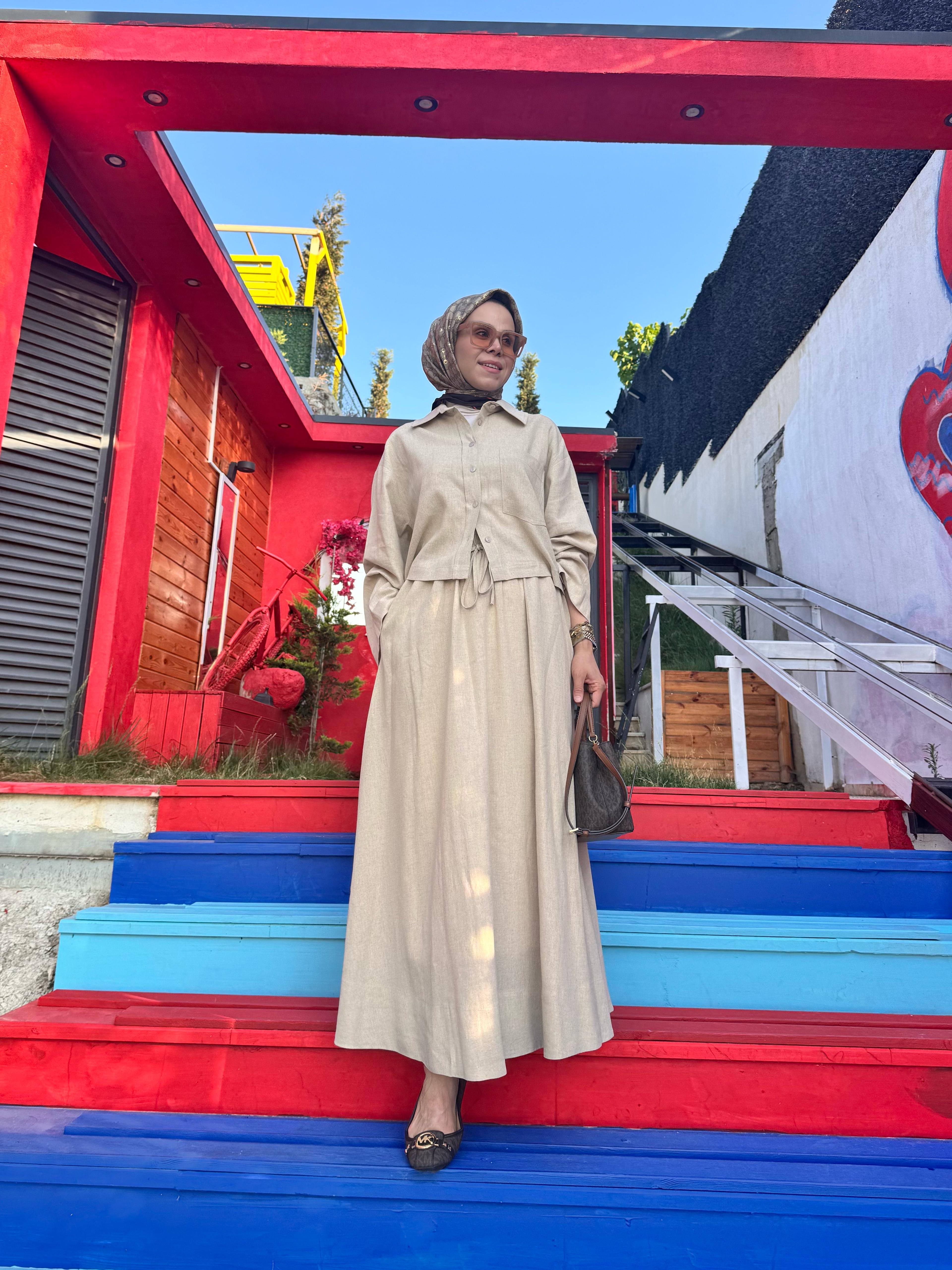 Palmiye Keten Etekli Takım - Bej
