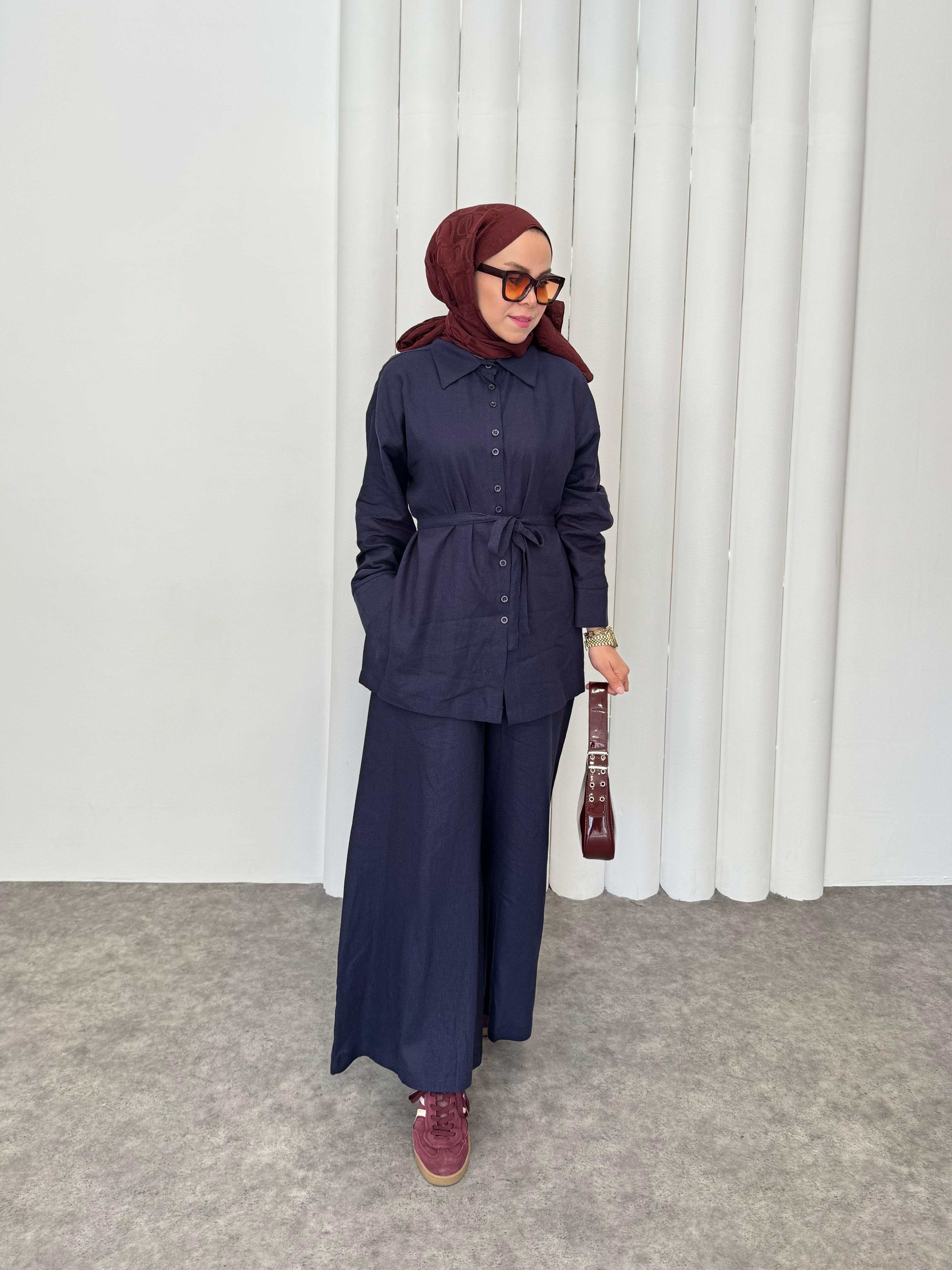 Pantalon Etekli Keten Takım - Lacivert
