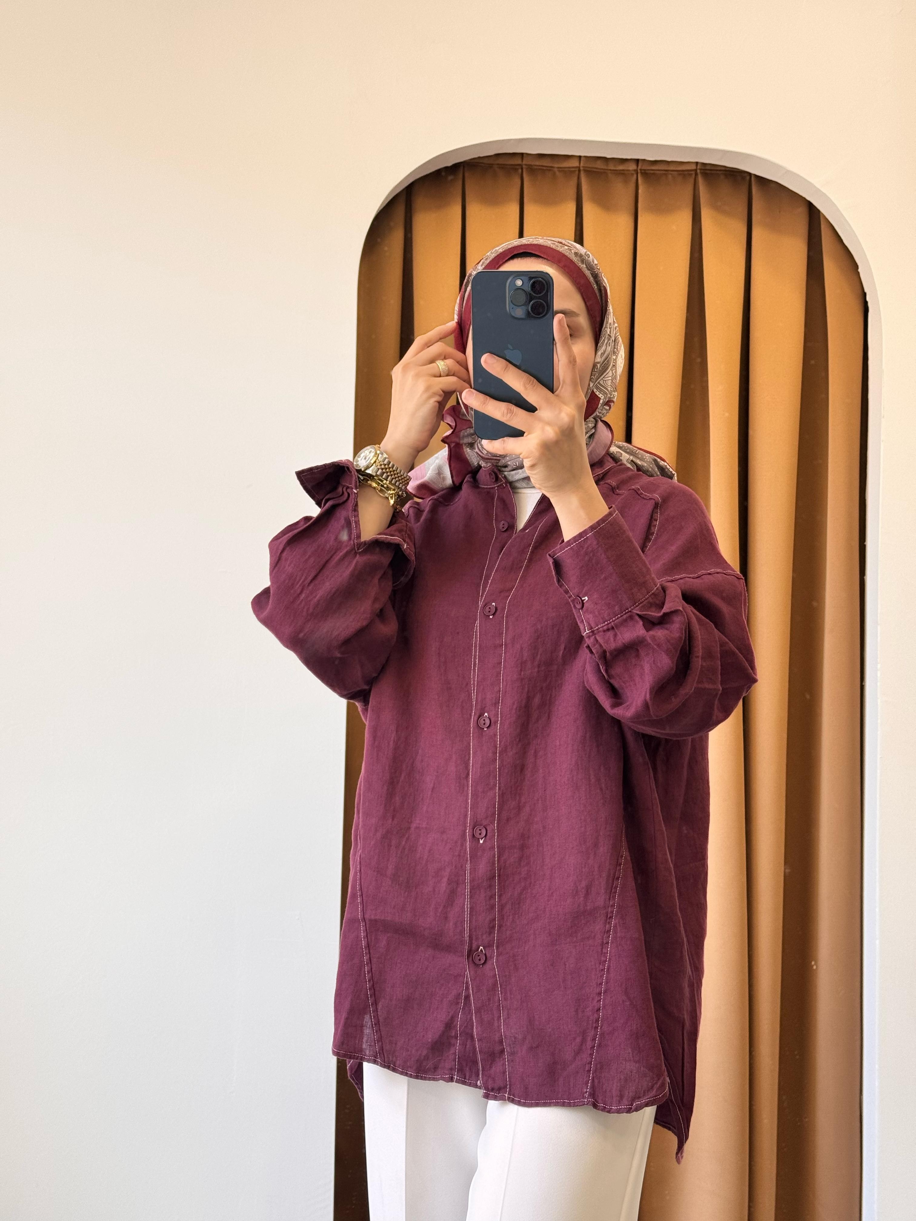 Keten Hakim Yaka Gömlek - Bordo