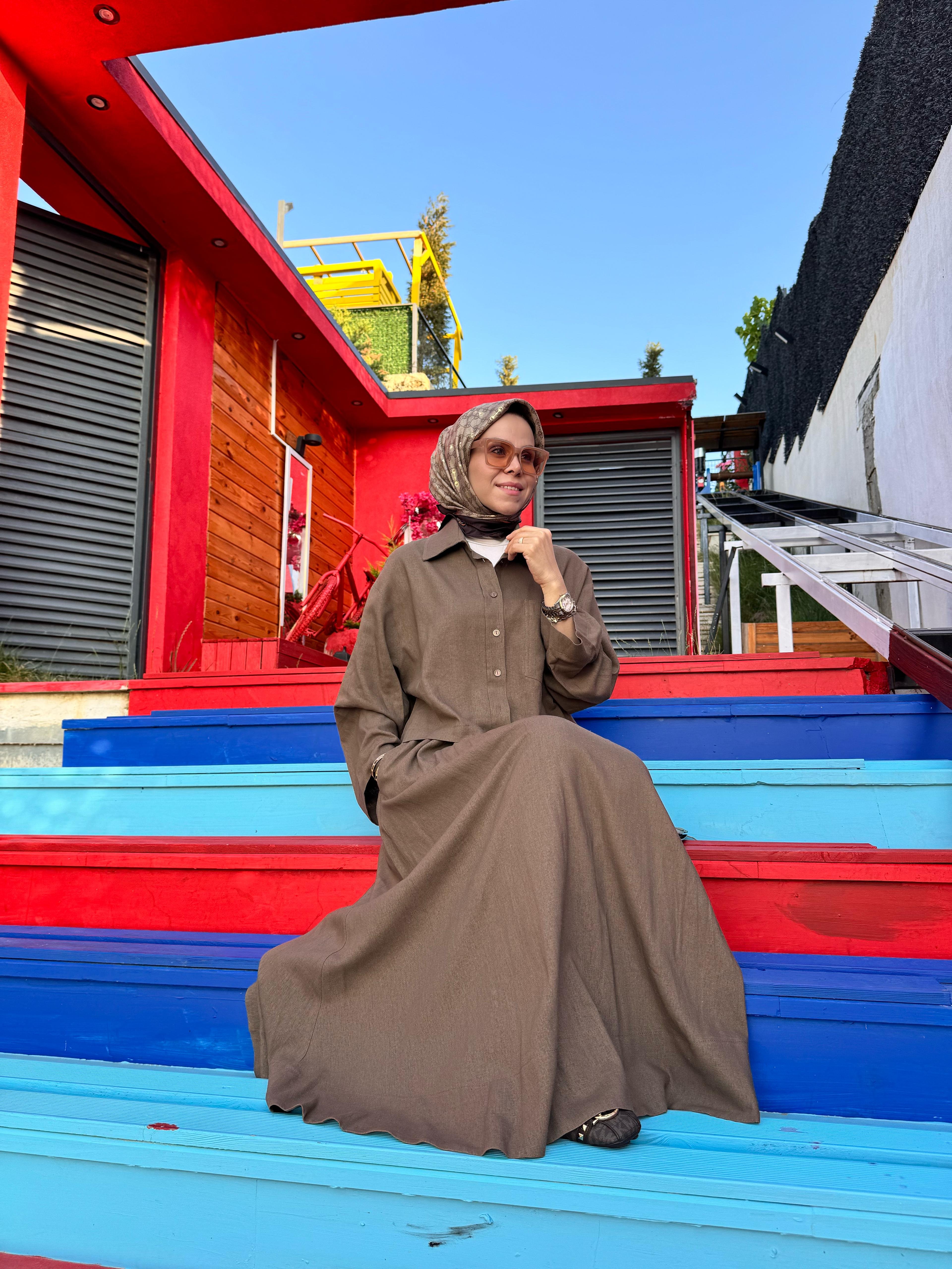 Palmiye Keten Etekli Takım - Kahverengi