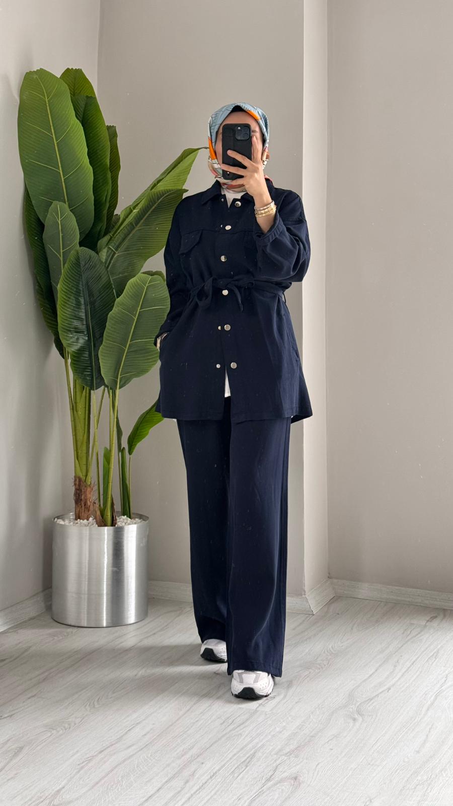 Comfort Fit Kuşaklı Takım - Lacivert