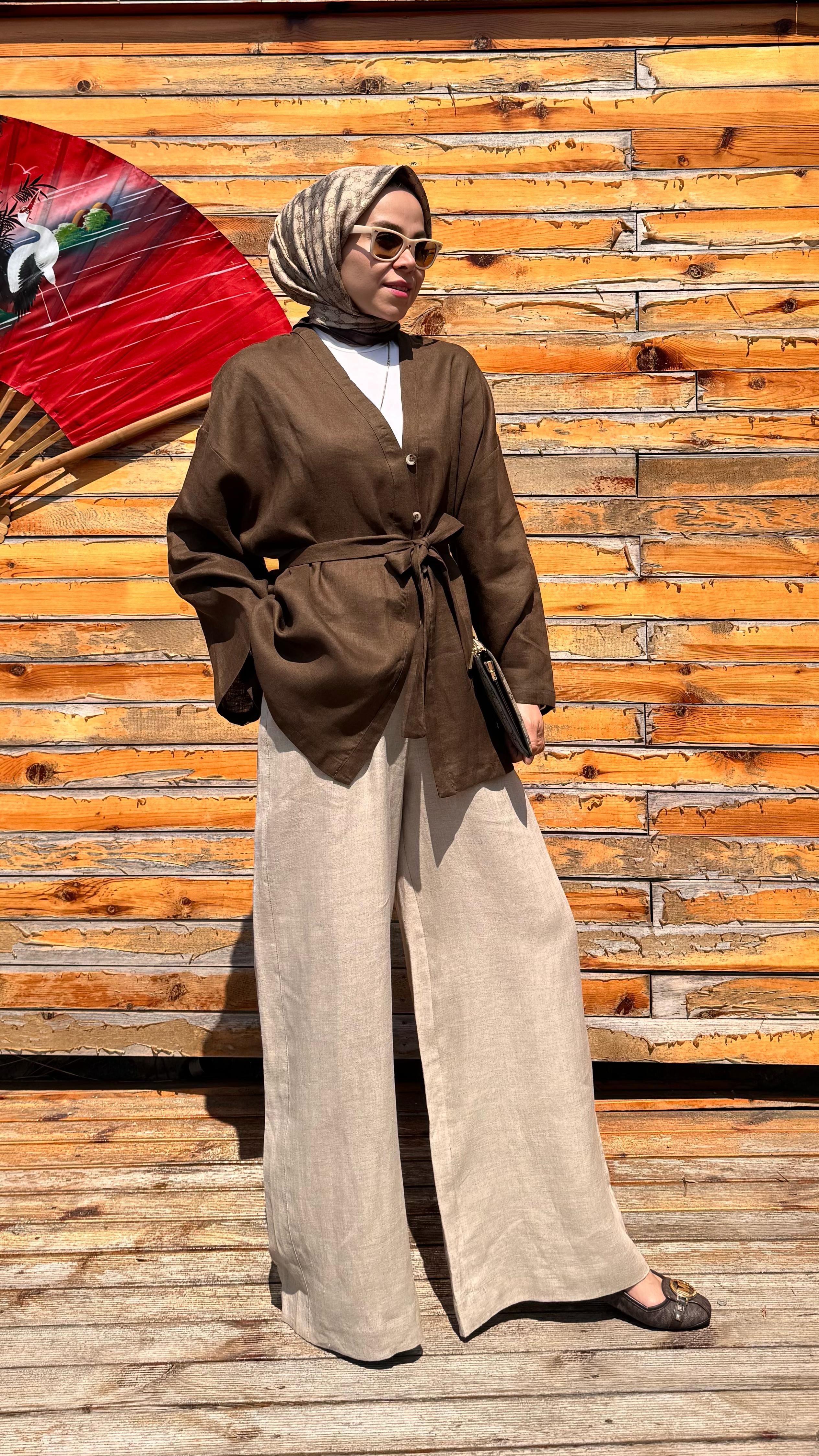 Yarım Düğmeli Keten Kimono - Kahverengi