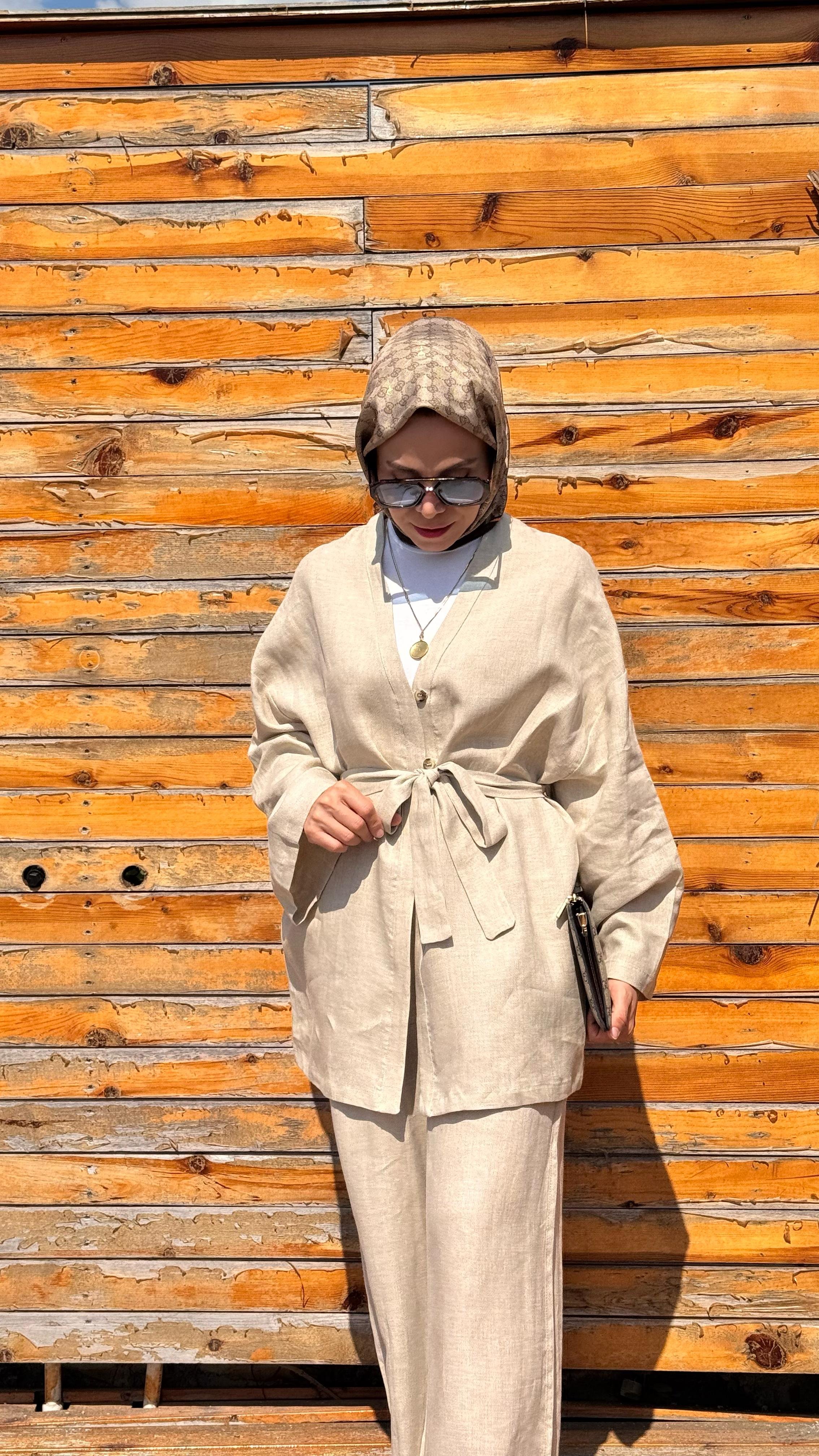 Yarım Düğmeli Keten Kimono - Taş