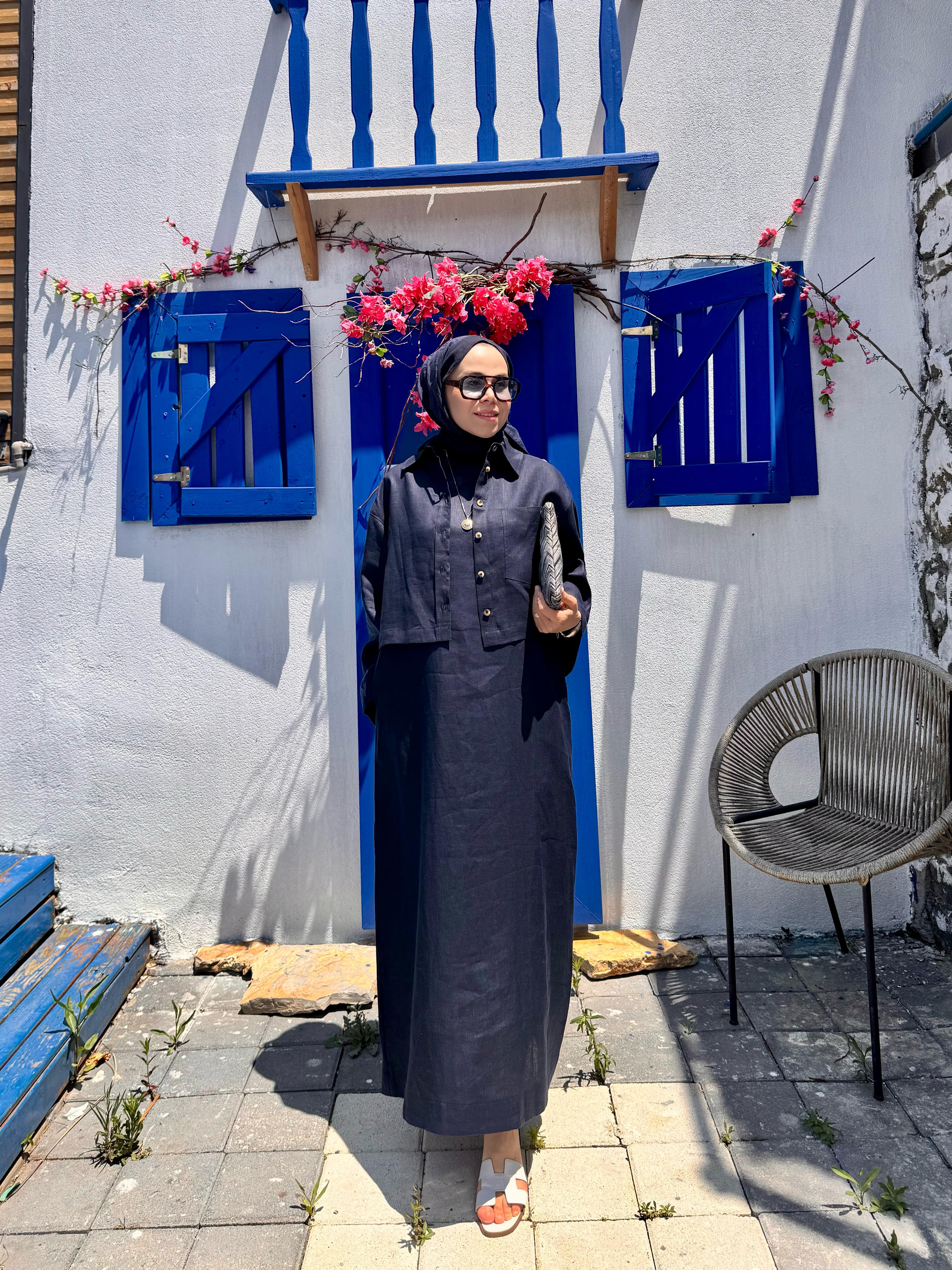 Alara kısa keten Ceket - Lacivert