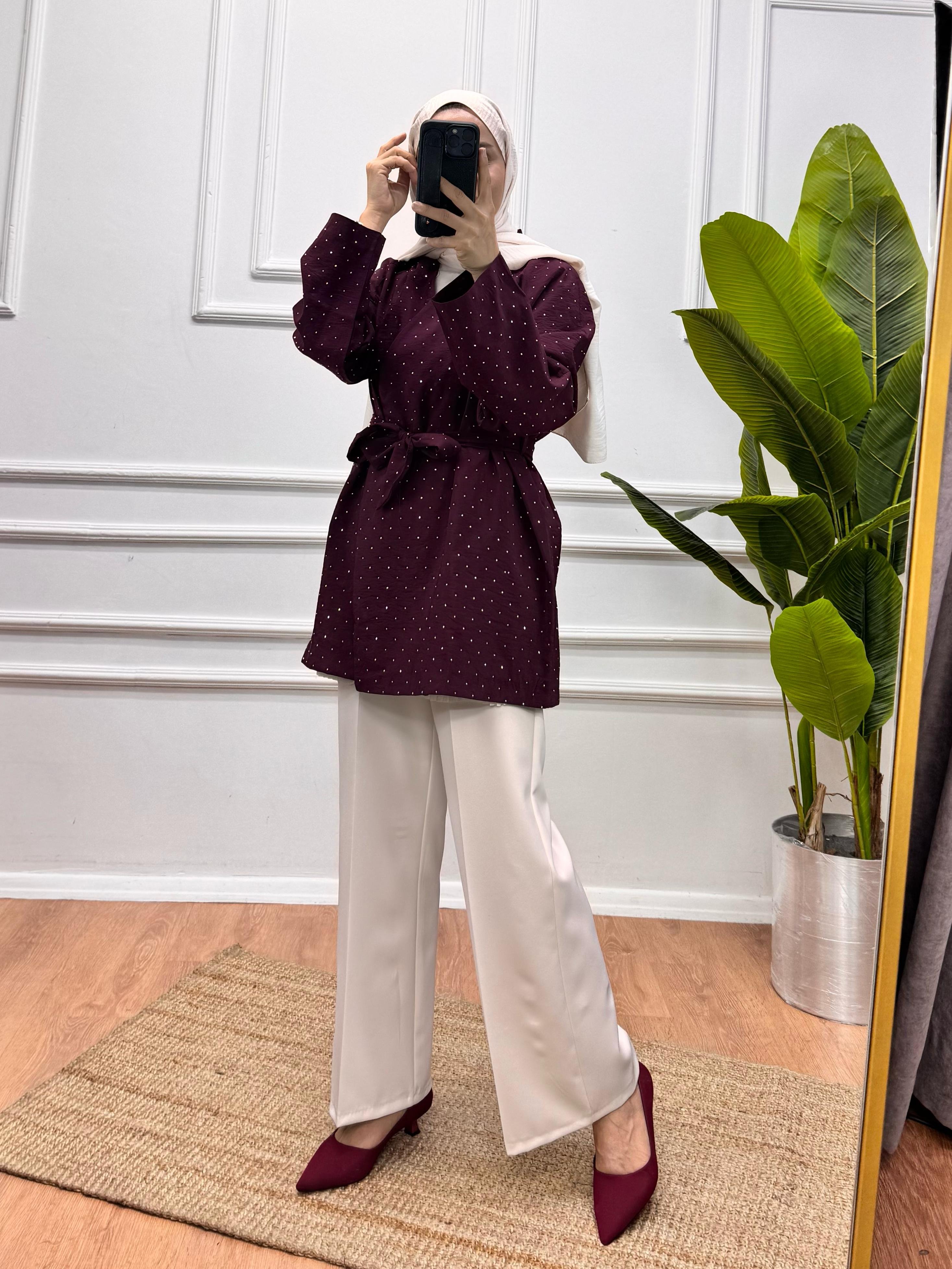 Taşlı Kimono - Bordo
