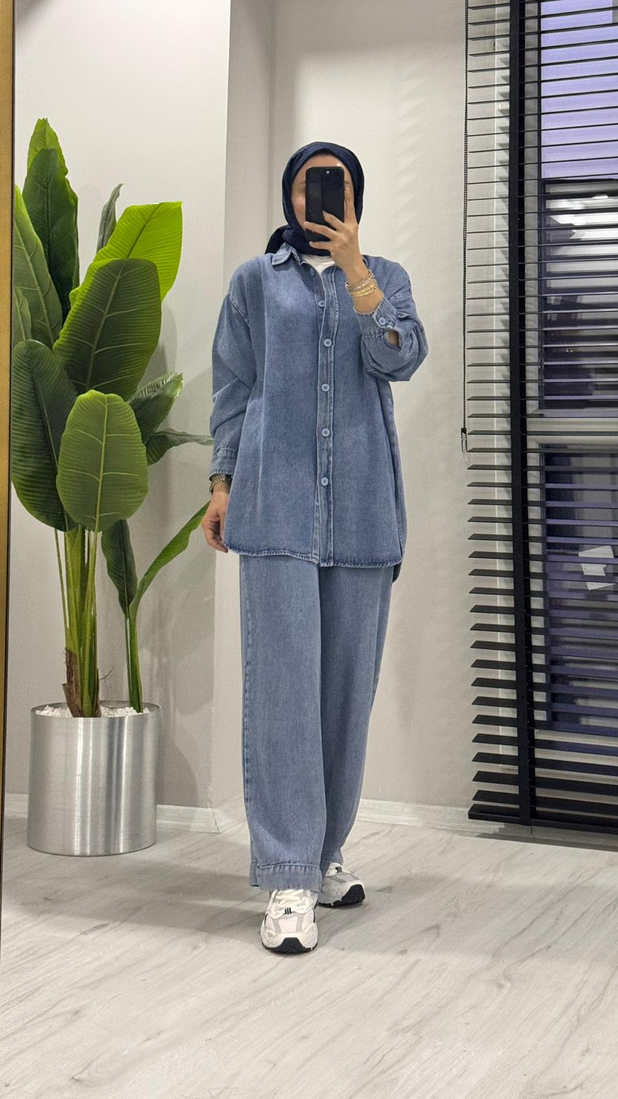 Casual tensel kot takım - Mavi