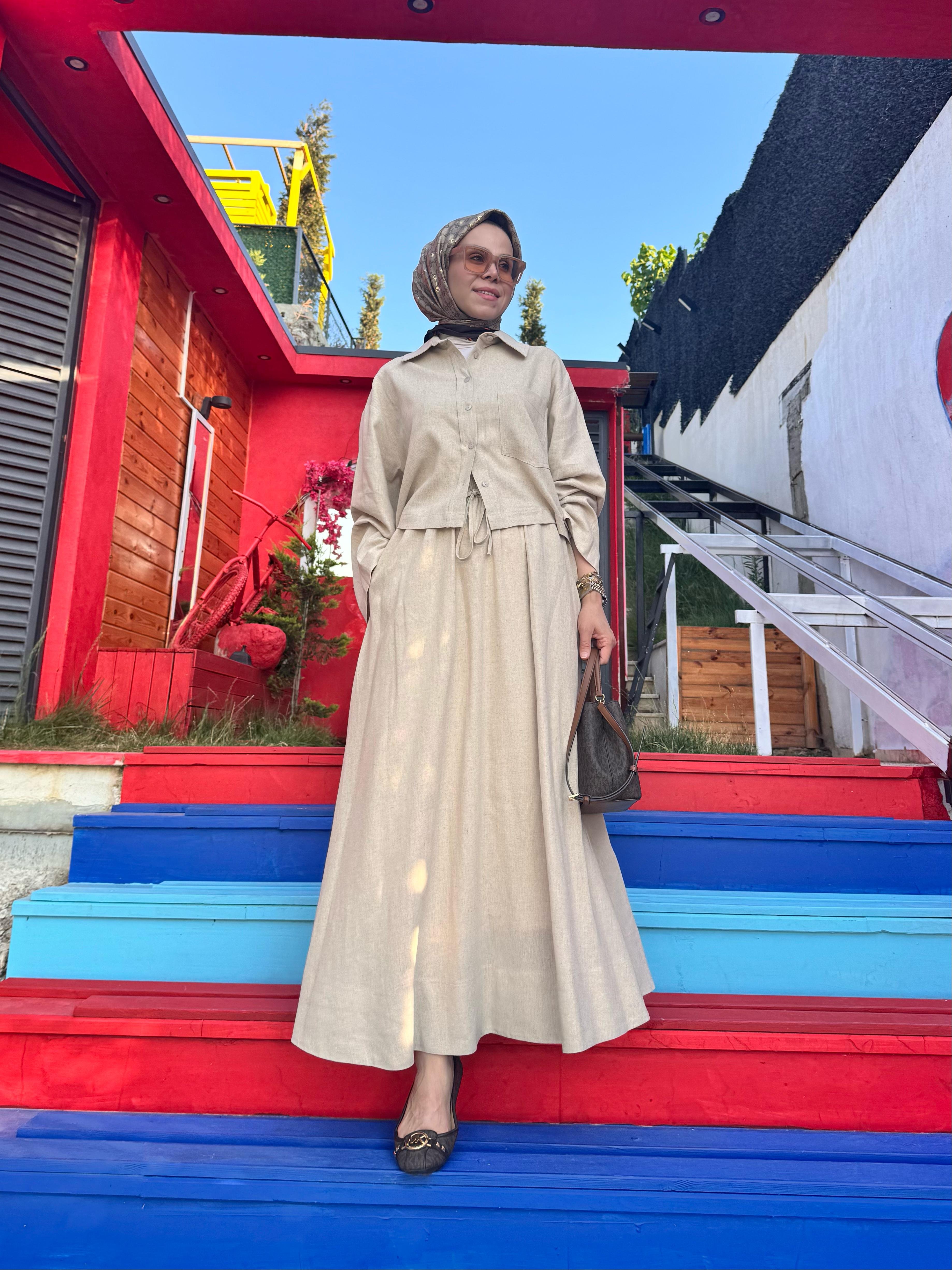 Palmiye Keten Etekli Takım - Bej
