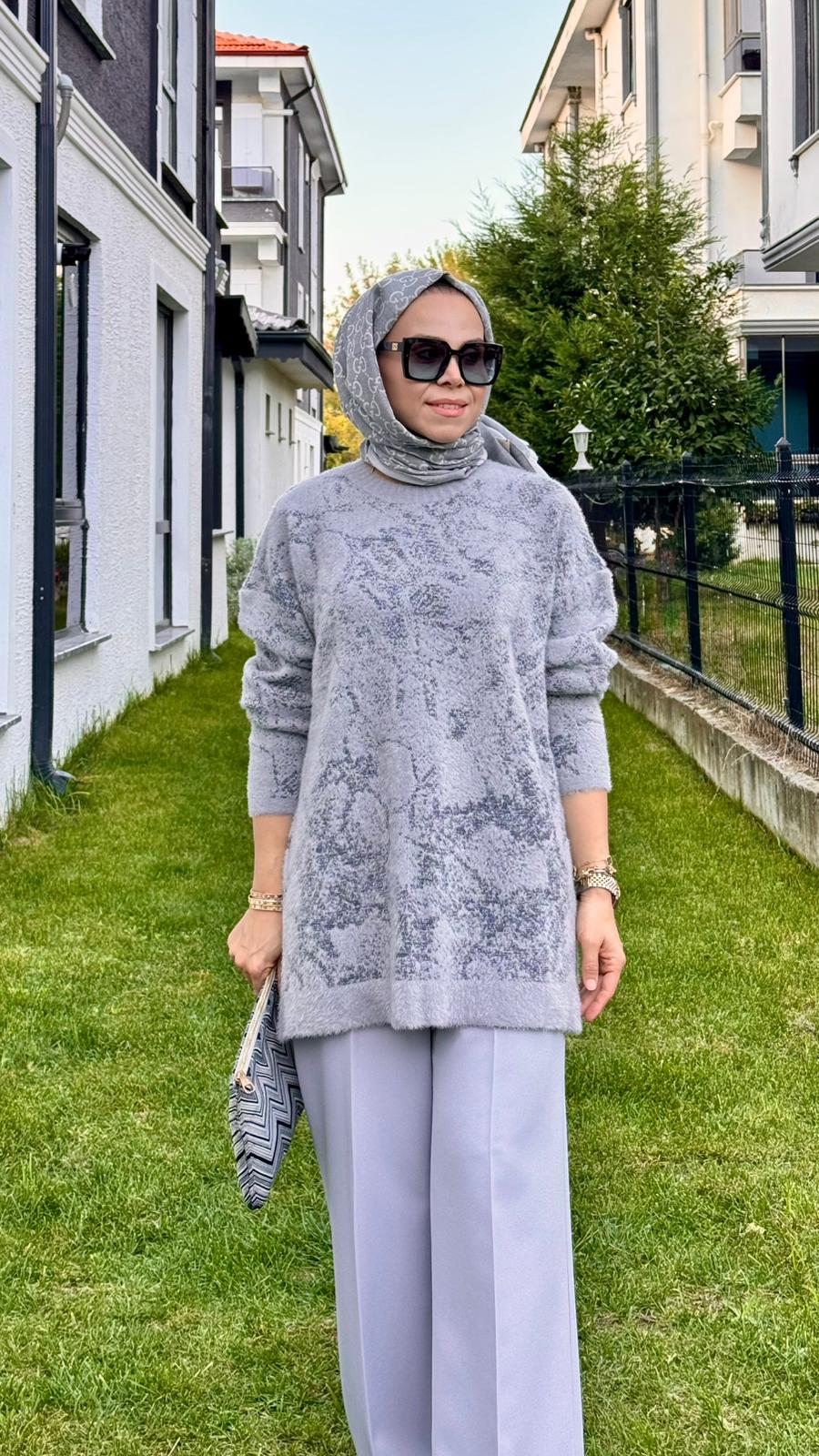 Batik Desenli Sim Geçişli Kazak - Gri