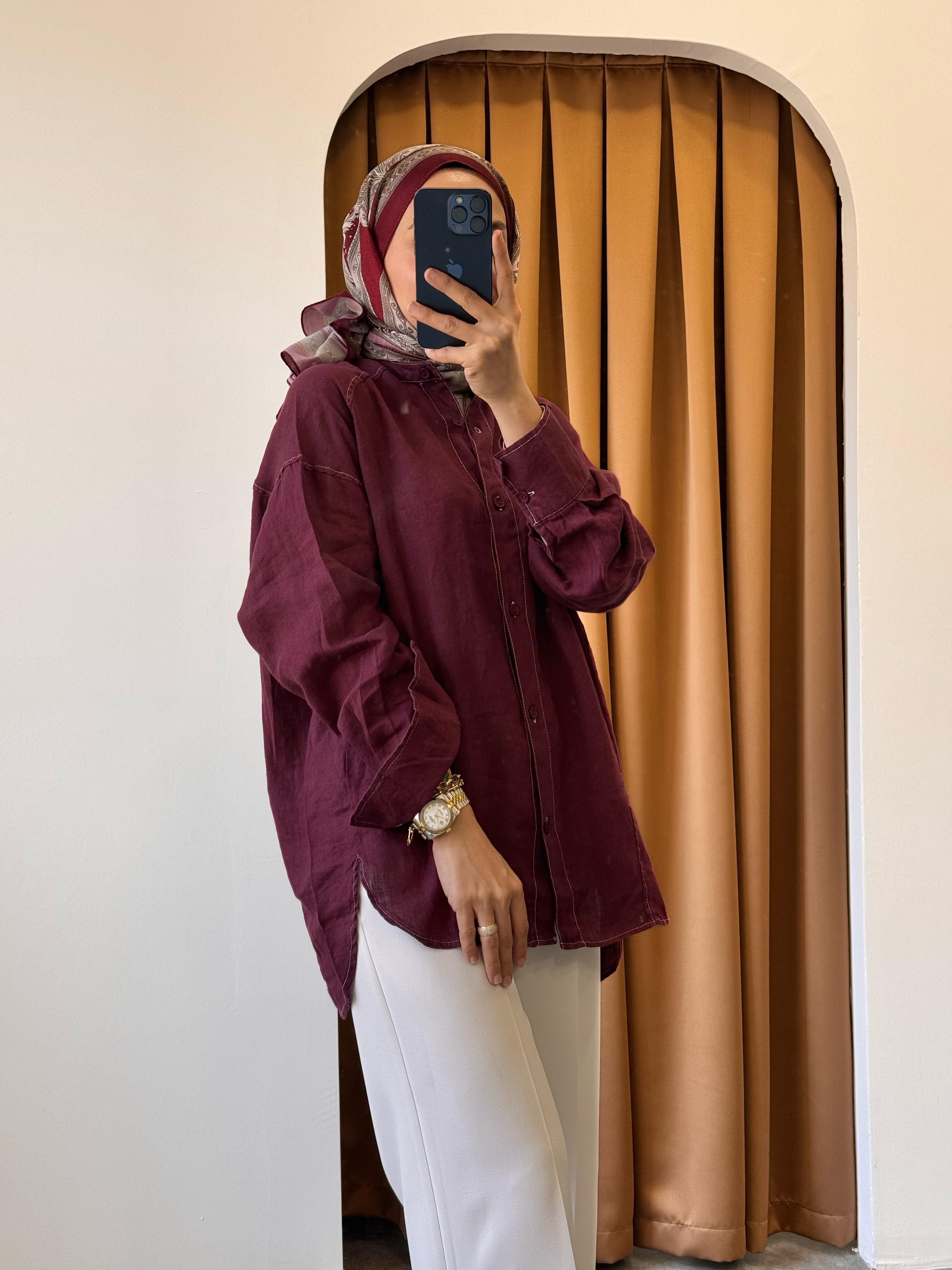 Keten Hakim Yaka Gömlek - Bordo