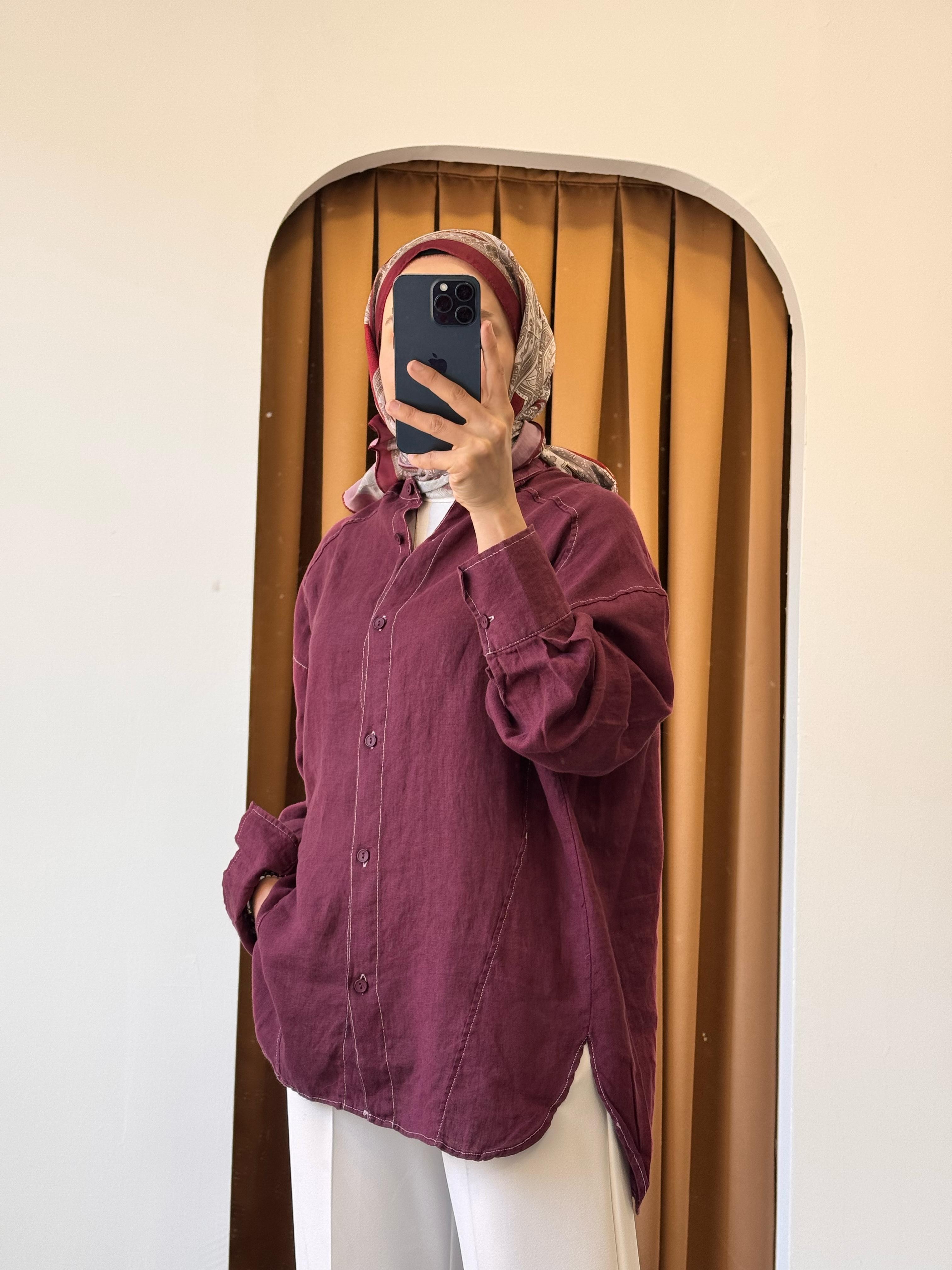 Keten Hakim Yaka Gömlek - Bordo