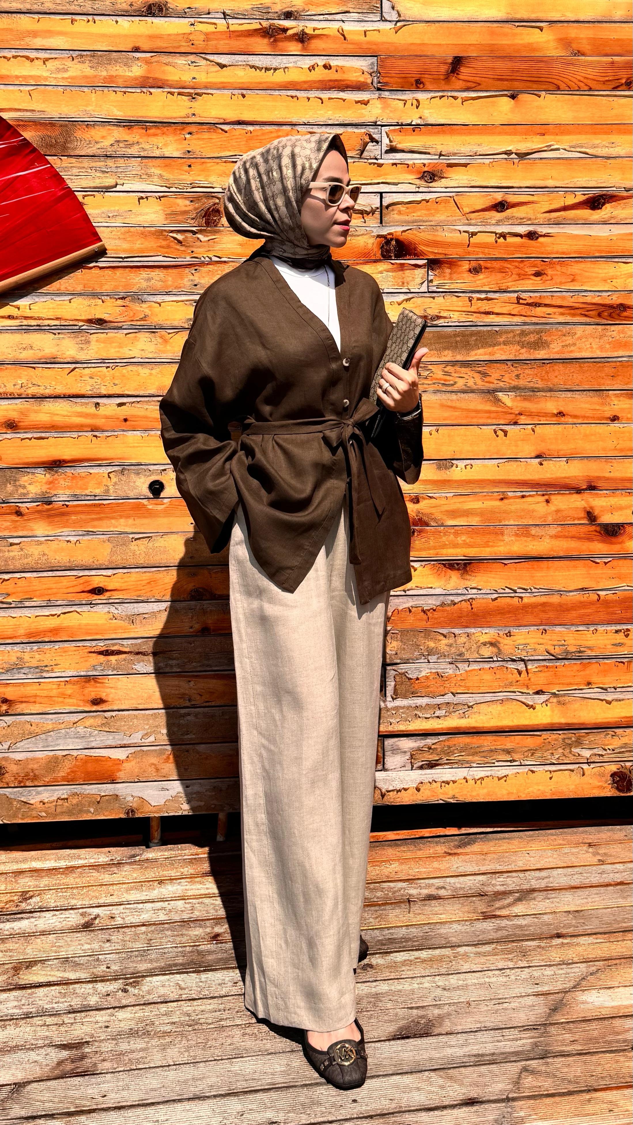 Yarım Düğmeli Keten Kimono - Kahverengi