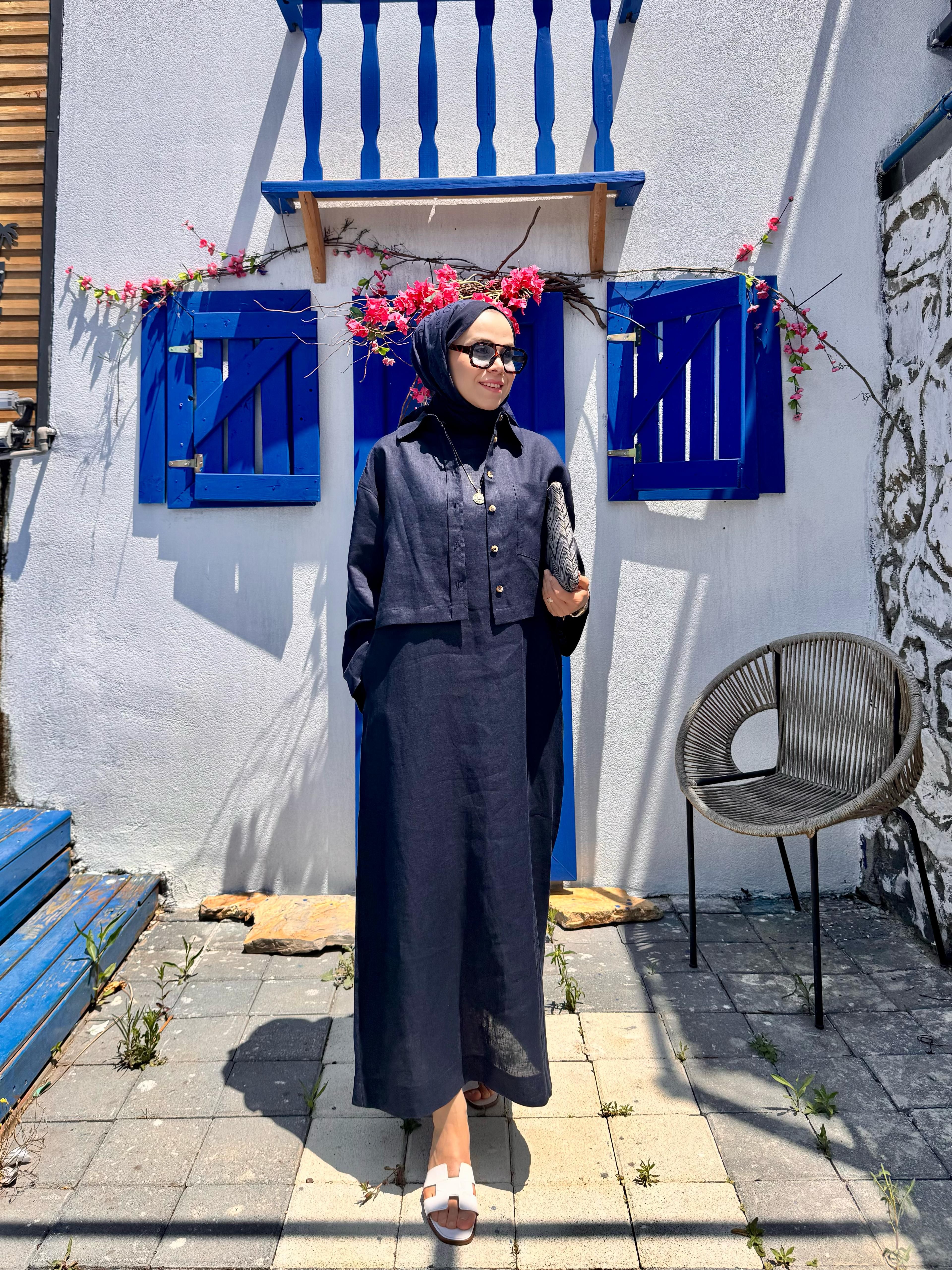 Alara kısa keten Ceket - Lacivert