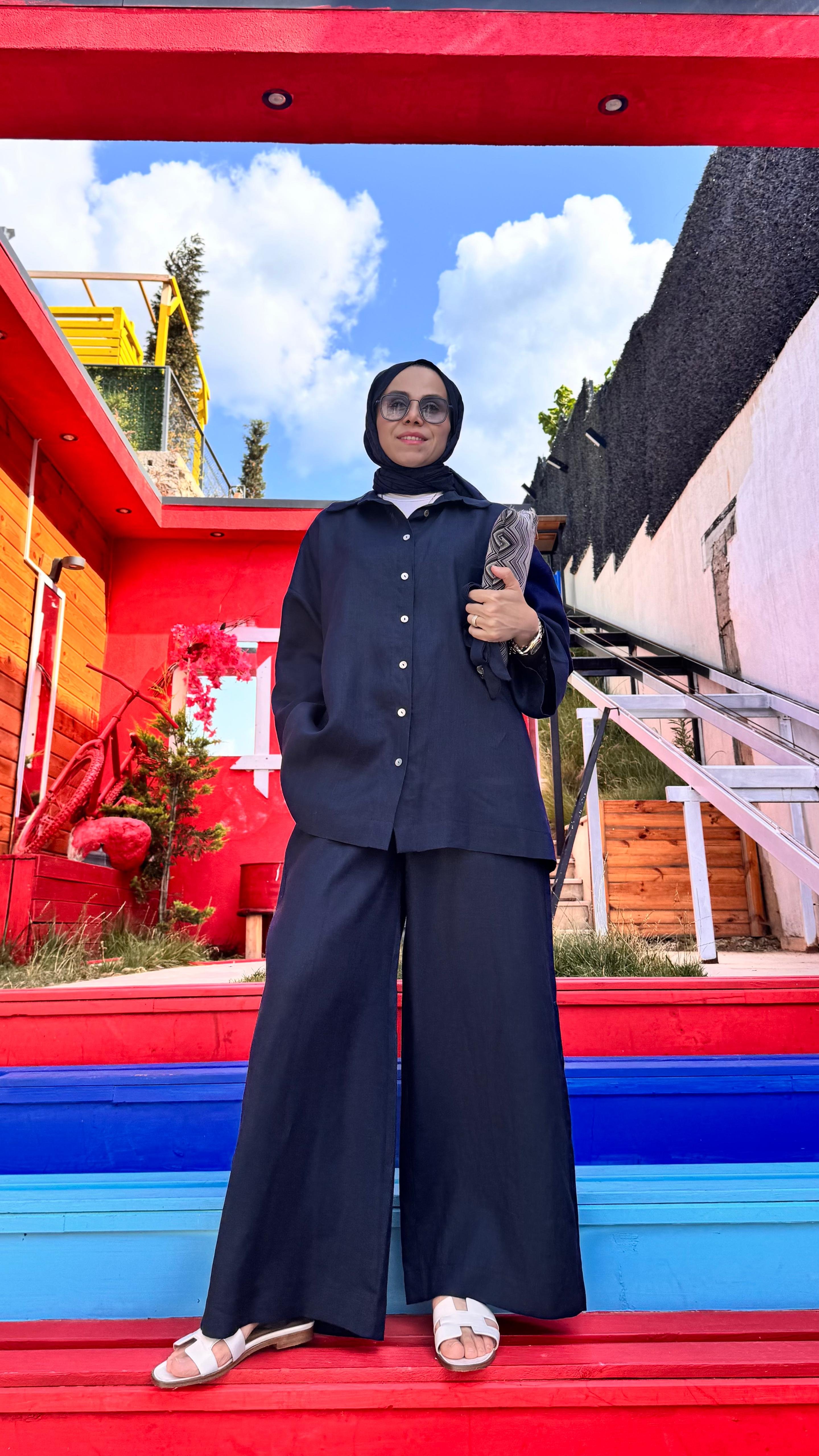 Keten Tam Düğmeli Üst - Lacivert