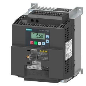 SINAMICS V20 200-240V 1AC -10/+10% 47-63Hz rated power 0.12 kW with 150% overload for 60 sec. unfiltered I/O: 4 DI, 2 DO,2 AI, 1 AQ fieldbus: USS/MODBUS RTU with built-in BOP protection: IP20/ UL open