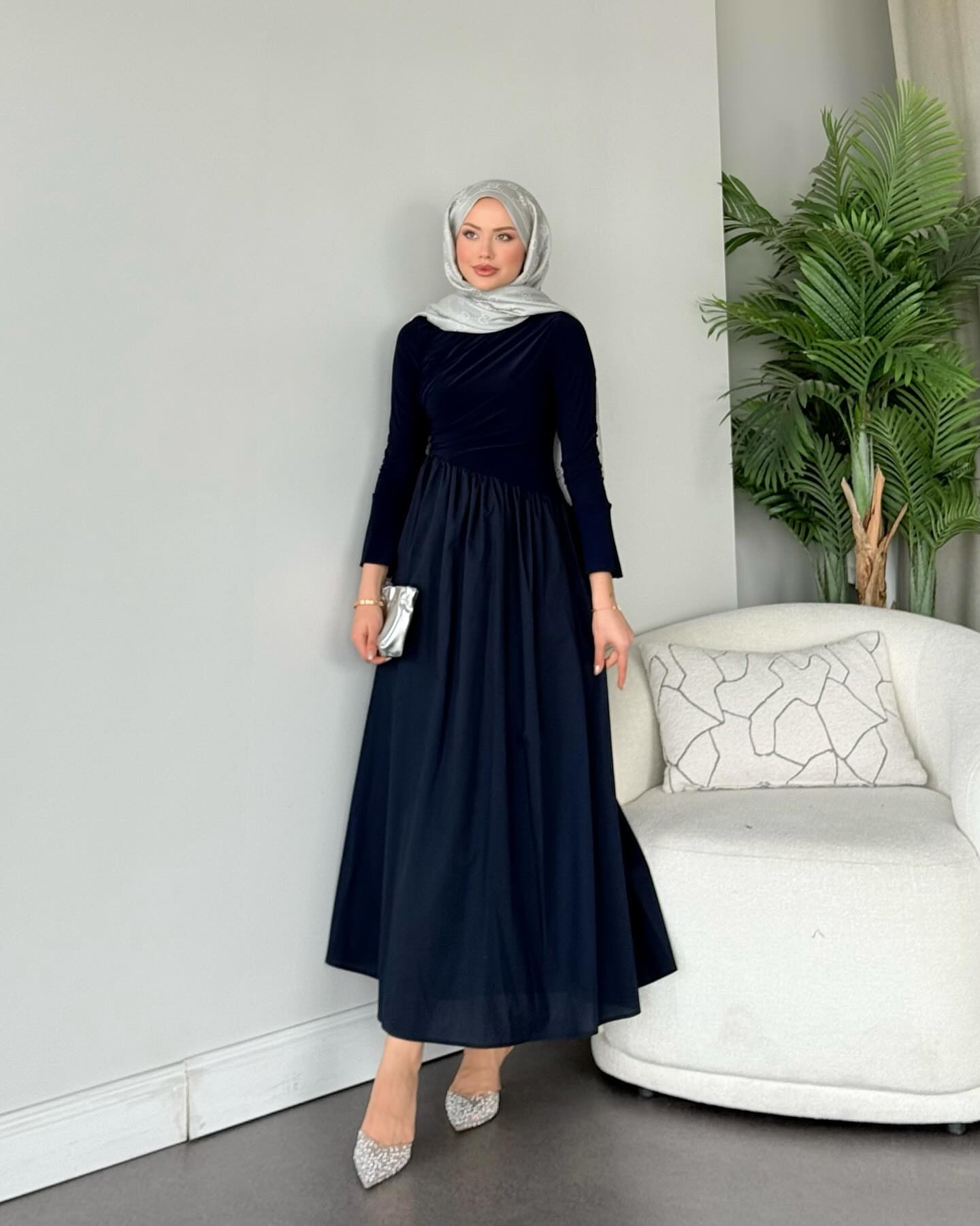 Elif Büzgü Detaylı Elbise - Lacivert