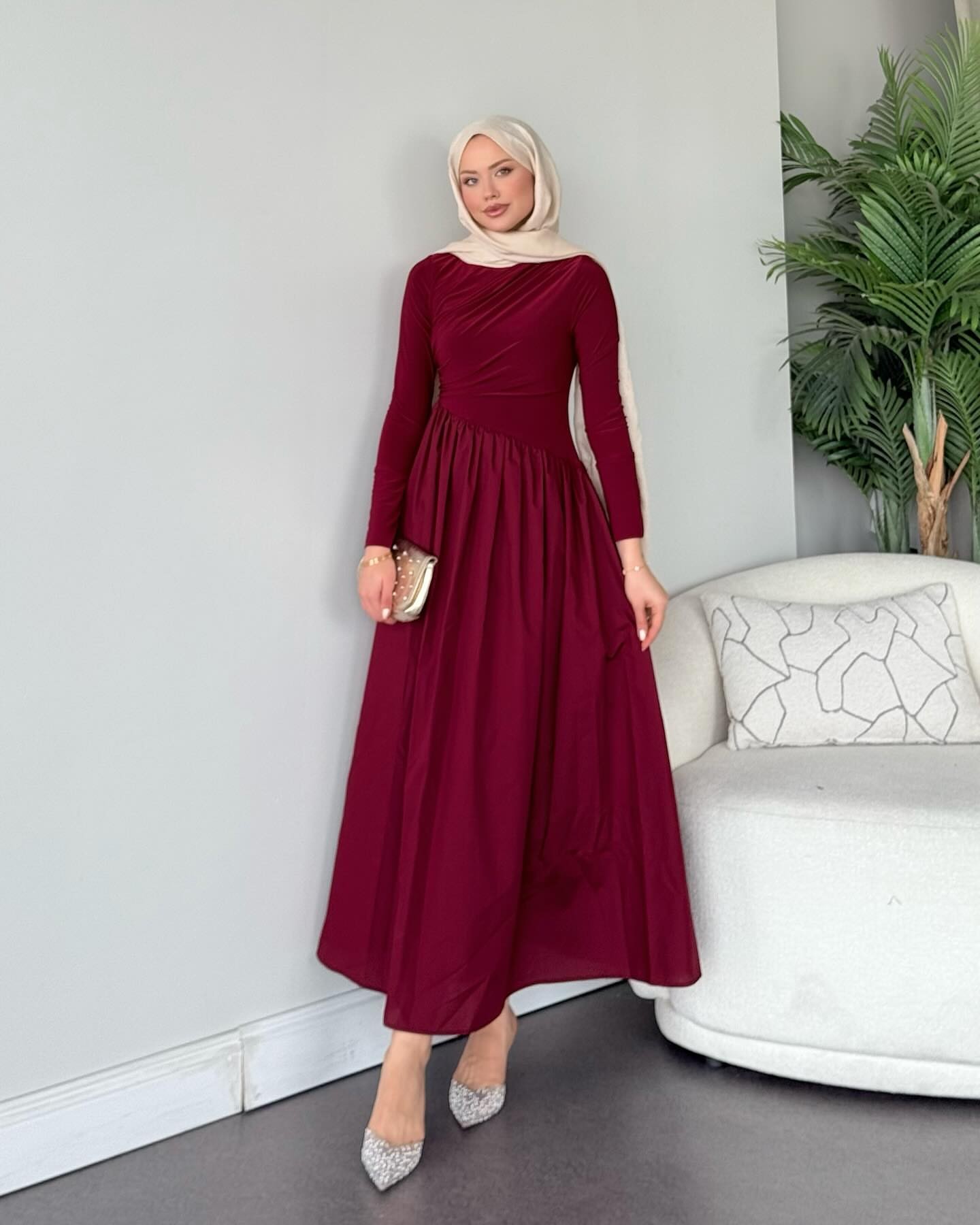 Elif Büzgü Detaylı Elbise - Bordo