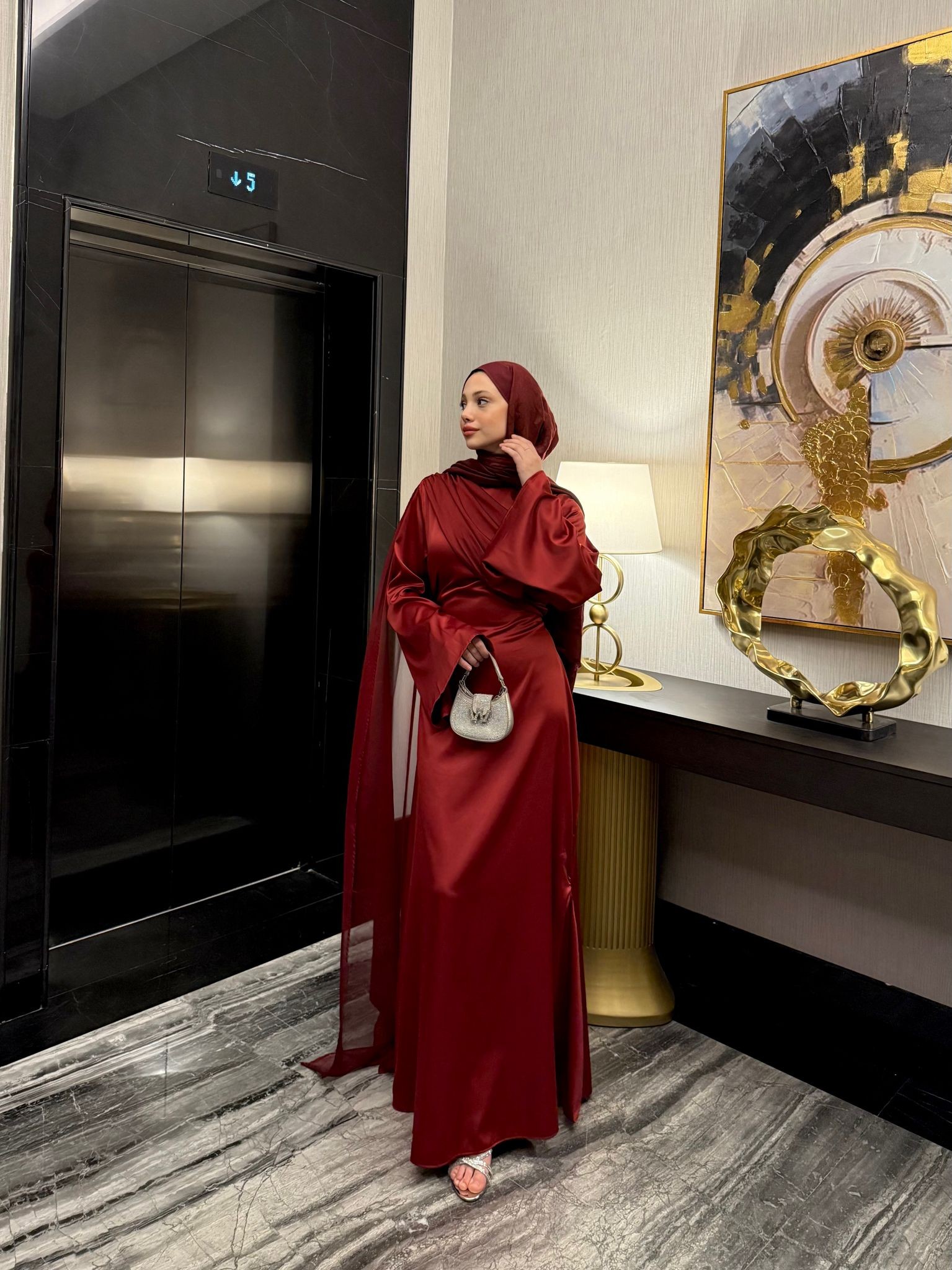 PELERİN SATEN ELBİSE - Bordo