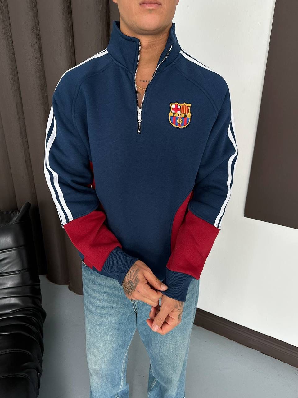 FCB Dik yaka Şardonlu Unisex Sweatshirt