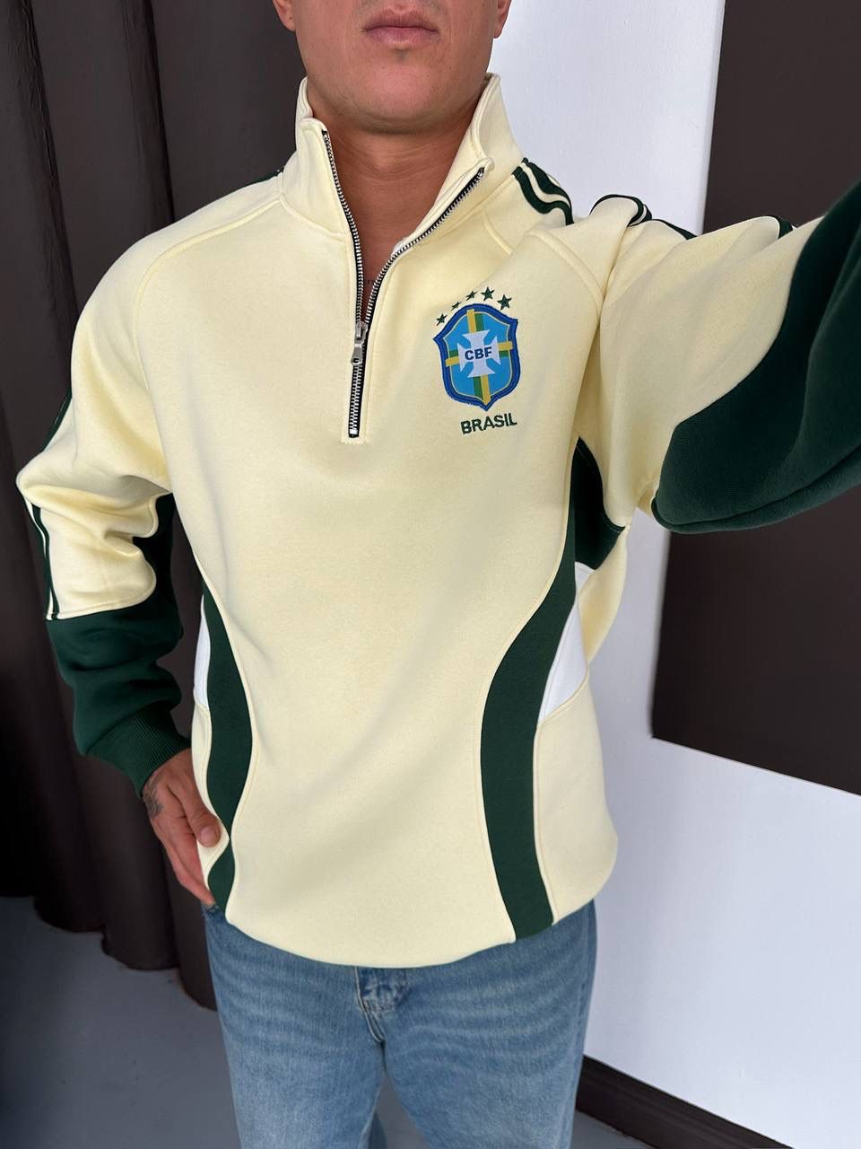 Brasil Dik yaka Şardonlu Unisex Sweatshirt