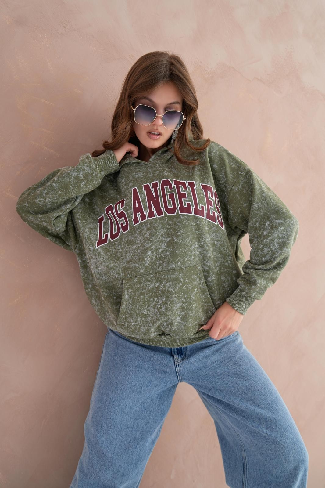 Los Angeles Baskılı  Batik Desen Kapşonlu Sweatshirt