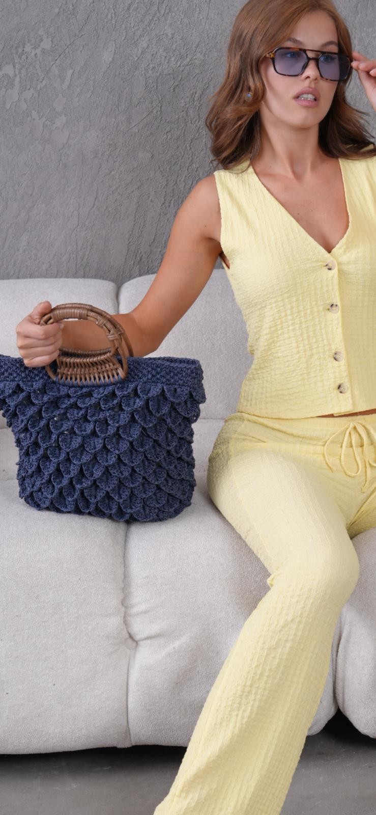 TİMSAH SIRTI MODEL LACİVERT HASIR ÇANTA