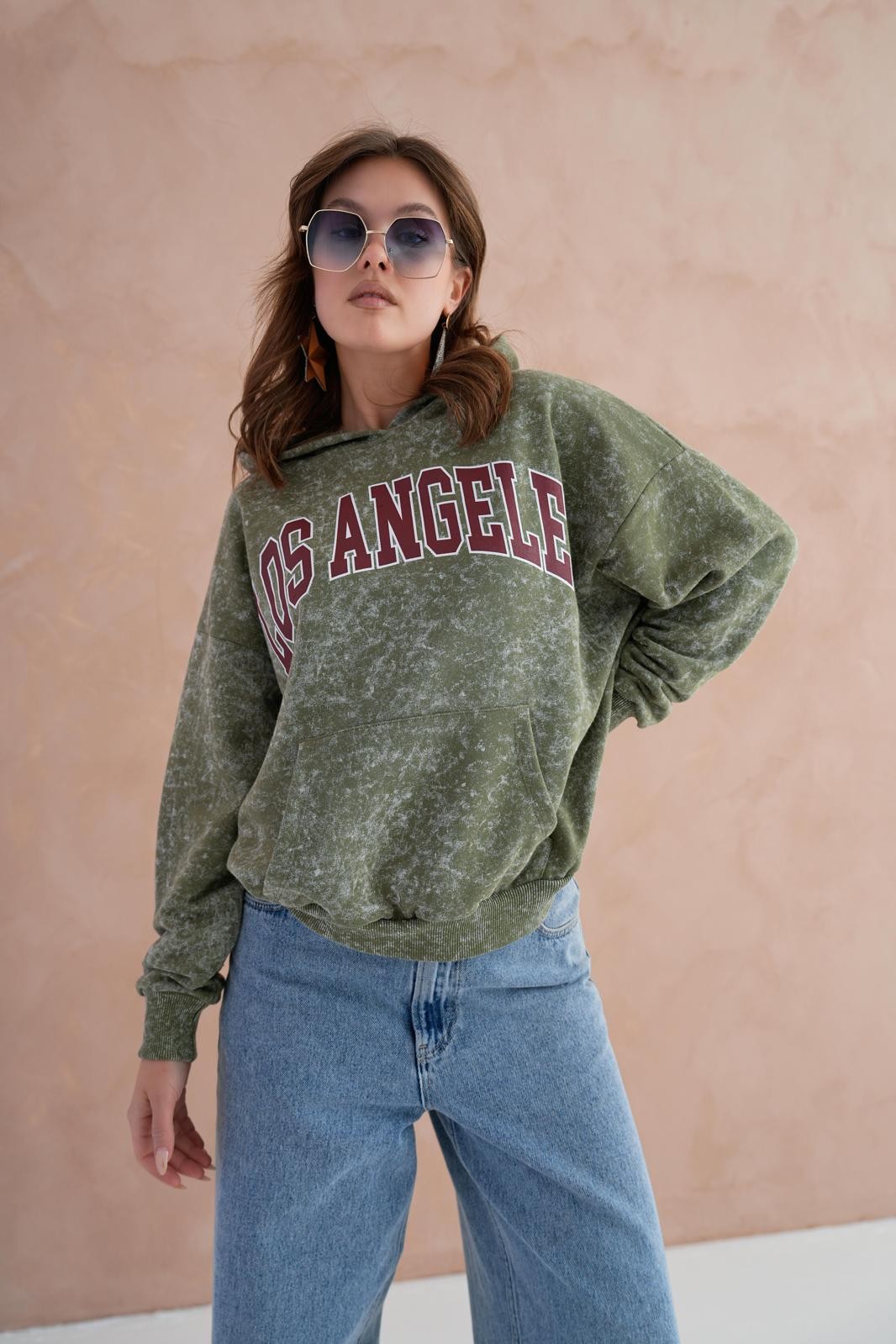 Los Angeles Baskılı  Batik Desen Kapşonlu Sweatshirt