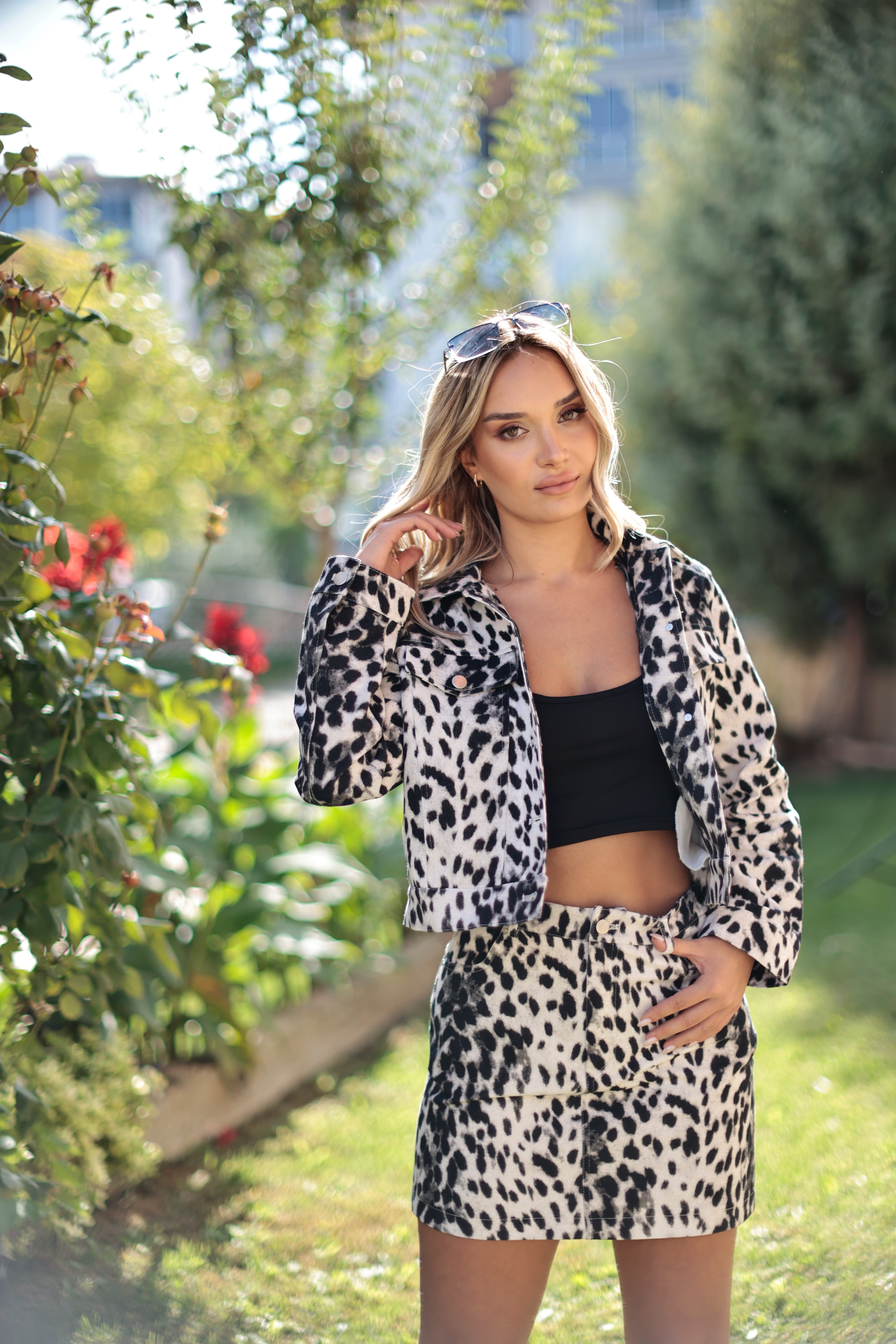 Leopar denim ceket takım